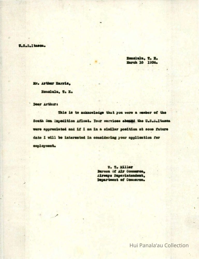 Letter from W.T. Miller to Arthur Harris