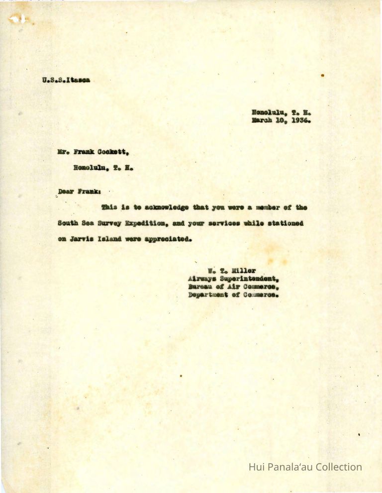 Letter from W.T. Miller to Frank Cockett