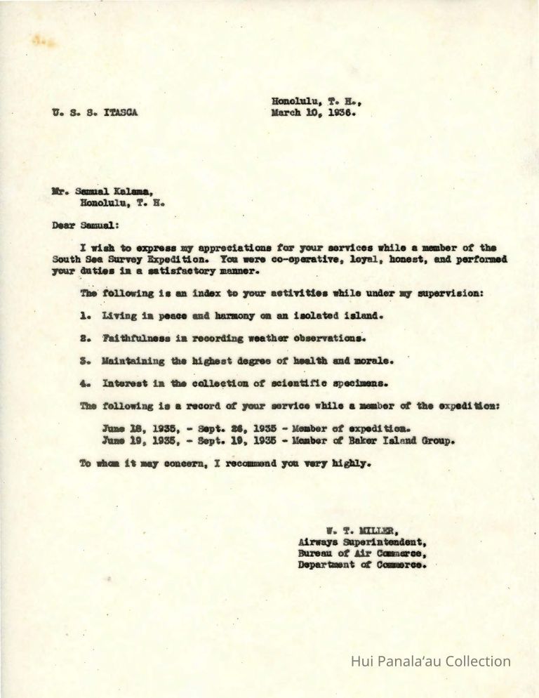 Letter from W.T. Miller to Samuel Kalama picture number 1