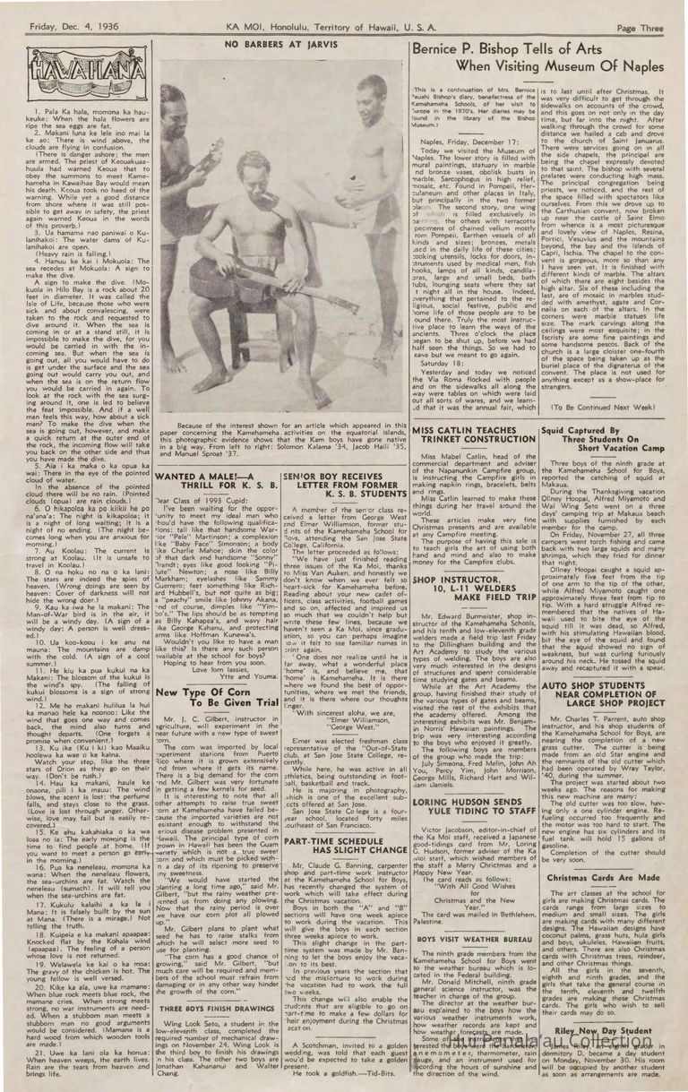 Because of the interest shown for an article which appeared in this paper (Ka Moi) concerning the Kamehameha. activities on the equatorial islands, this photographic evidence shows that the Kam boys have gone native in a big way. From left to right: Solomon Kalama (class of '34), Jacob Haili (class of) '35, and Manuel Sproat (class of)'37; Three Kamehameha Schools alumni on Jarvis Island