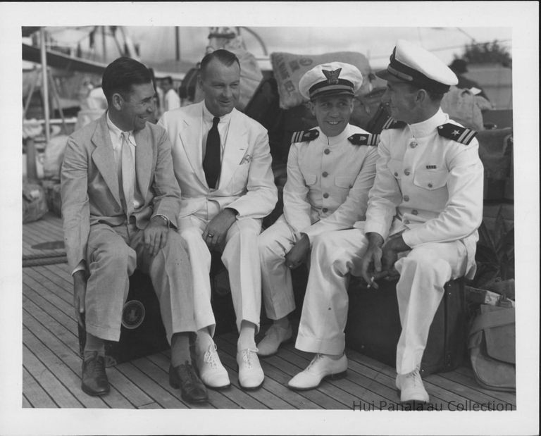 Left - right: C.L. Bissell, U.S.A., William T. Miller, superintendent of airways, U.S. Dept. of Commerce's bureau of aeronautics; Lieut. Frank Kenner, executive officerU.S.C.G. cutter Itasca; and Lt. Emory Stephens, USN at Honolulu prior to leaving on the Itasca for the southern seas picture number 1