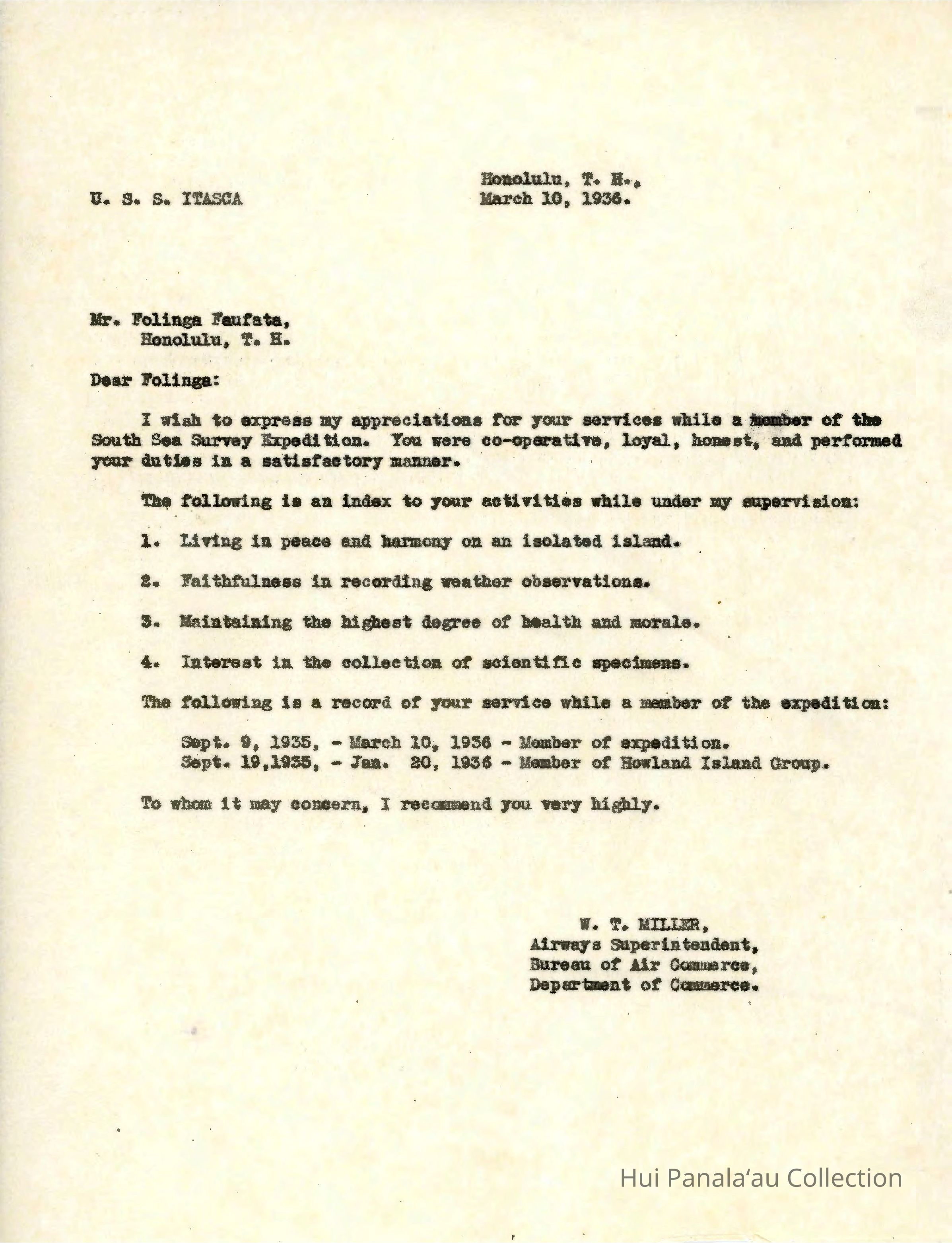Letter from W.T. Miller to Folinga Faufatawt