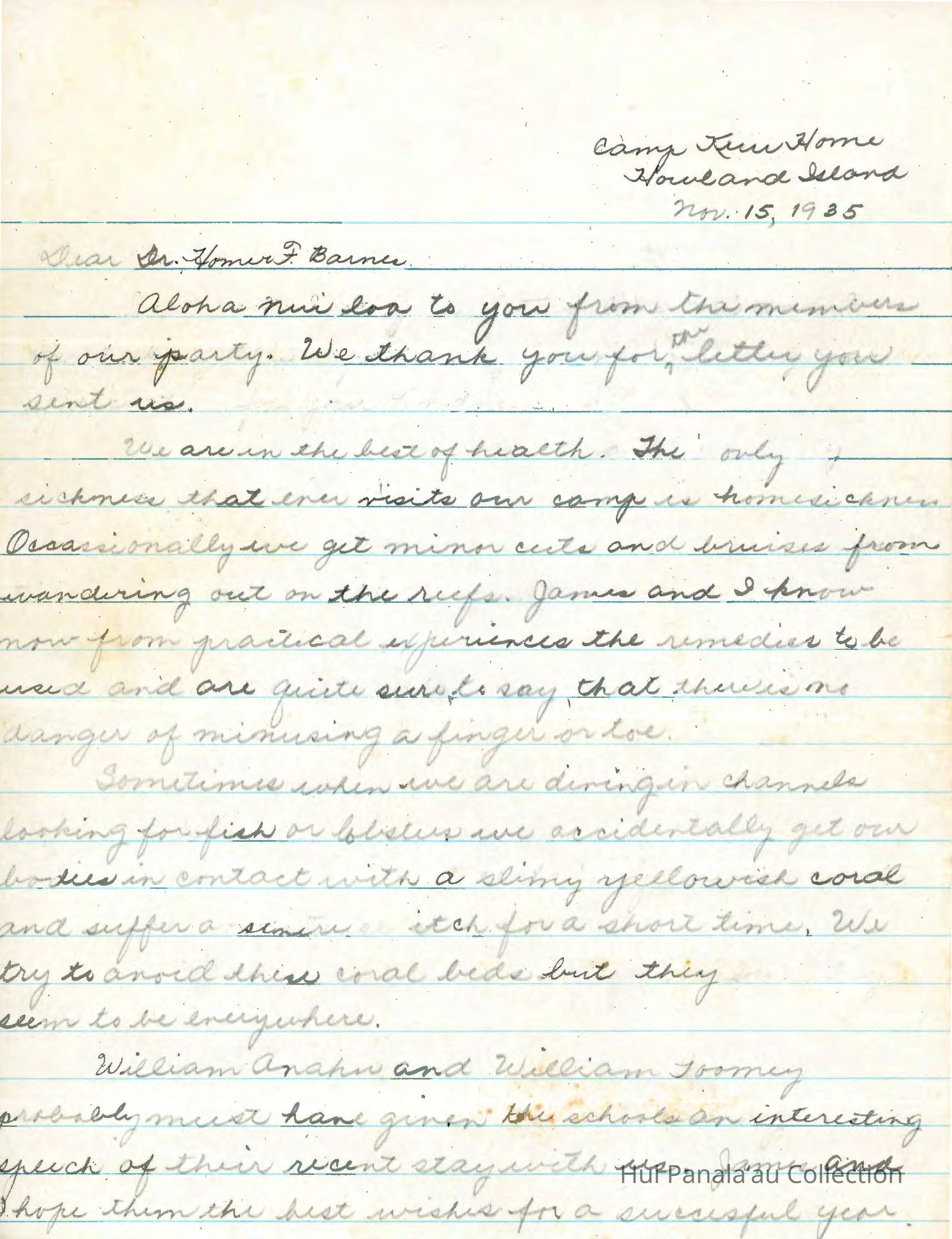 Letter from Killarney Opiopio to Homer F. Barnes