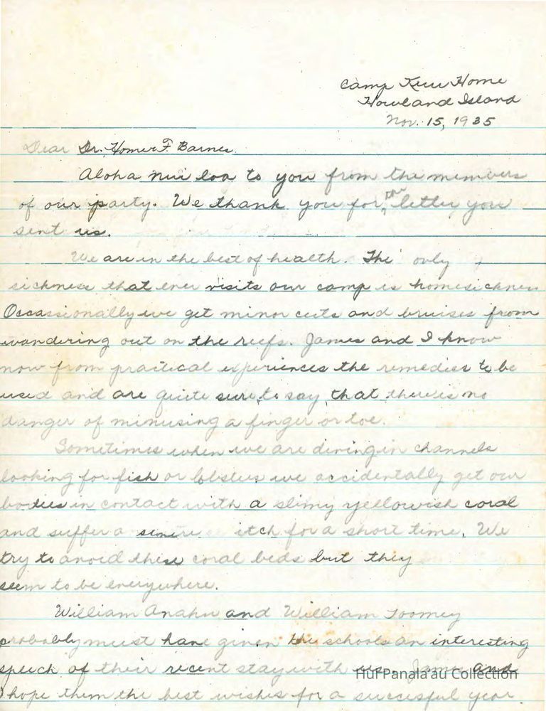 Letter from Killarney Opiopio to Homer F. Barnes