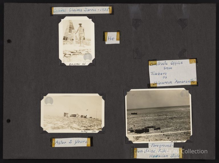 Collins Claims Jarvis - 1935 ...He Contructs Office from Timbers of Shipwreck Amaranth...After 2 Years... Foreground - Sun-dried Fish Hawaiian Style