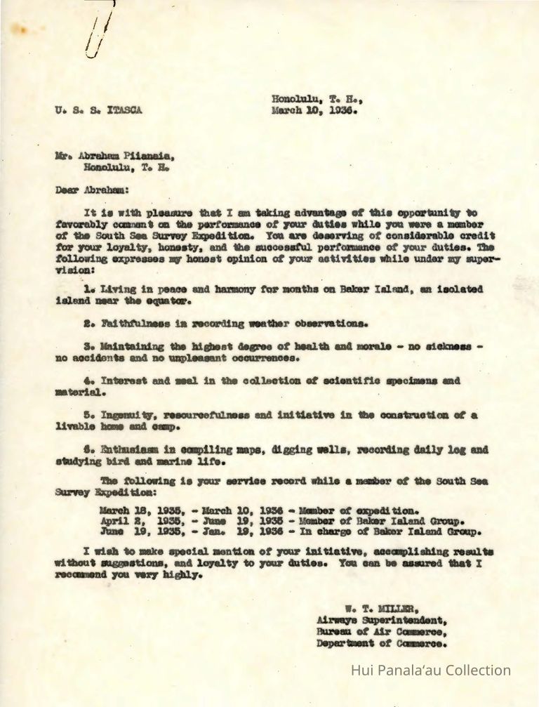 Letter from W.T. Miller to Abraham Piianaia picture number 1