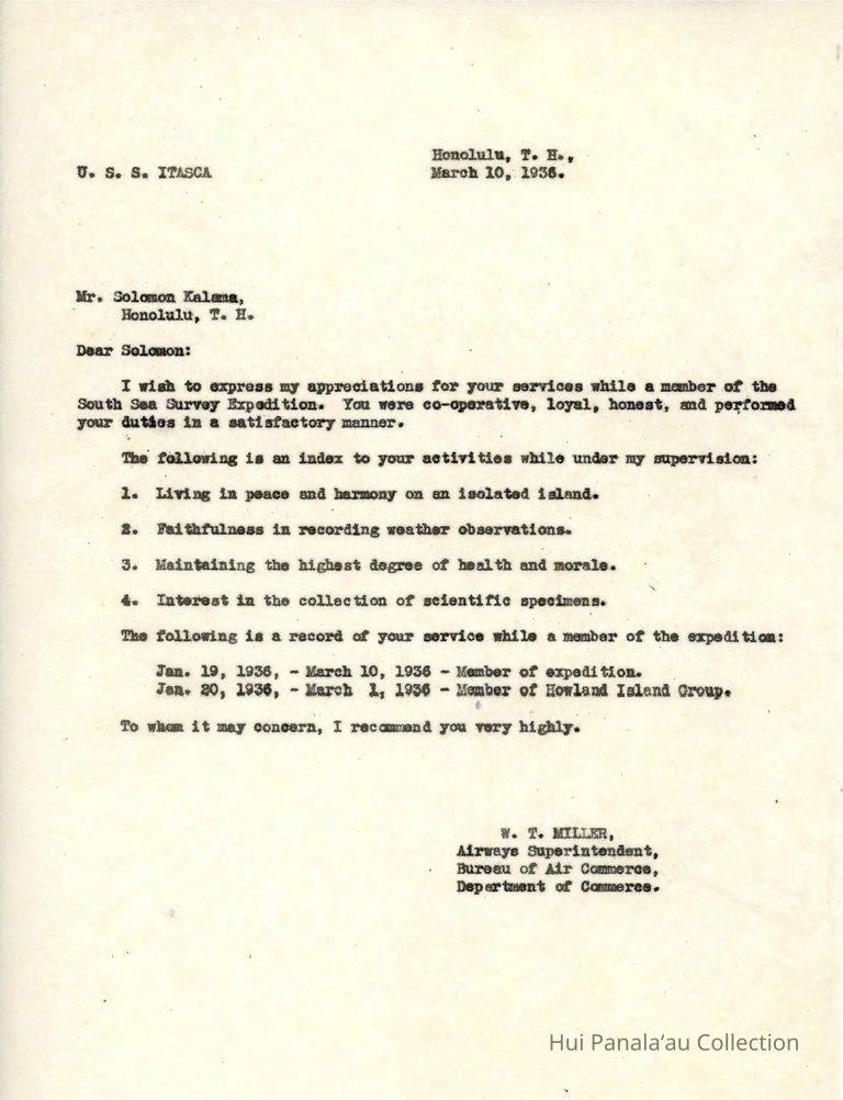 Letter from W.T. Miller to Solomon Kalama picture number 1