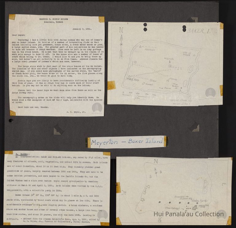 Images of 2 hand drawn maps of Baker Island along with a typed written description by E. H. Bryan picture number 1