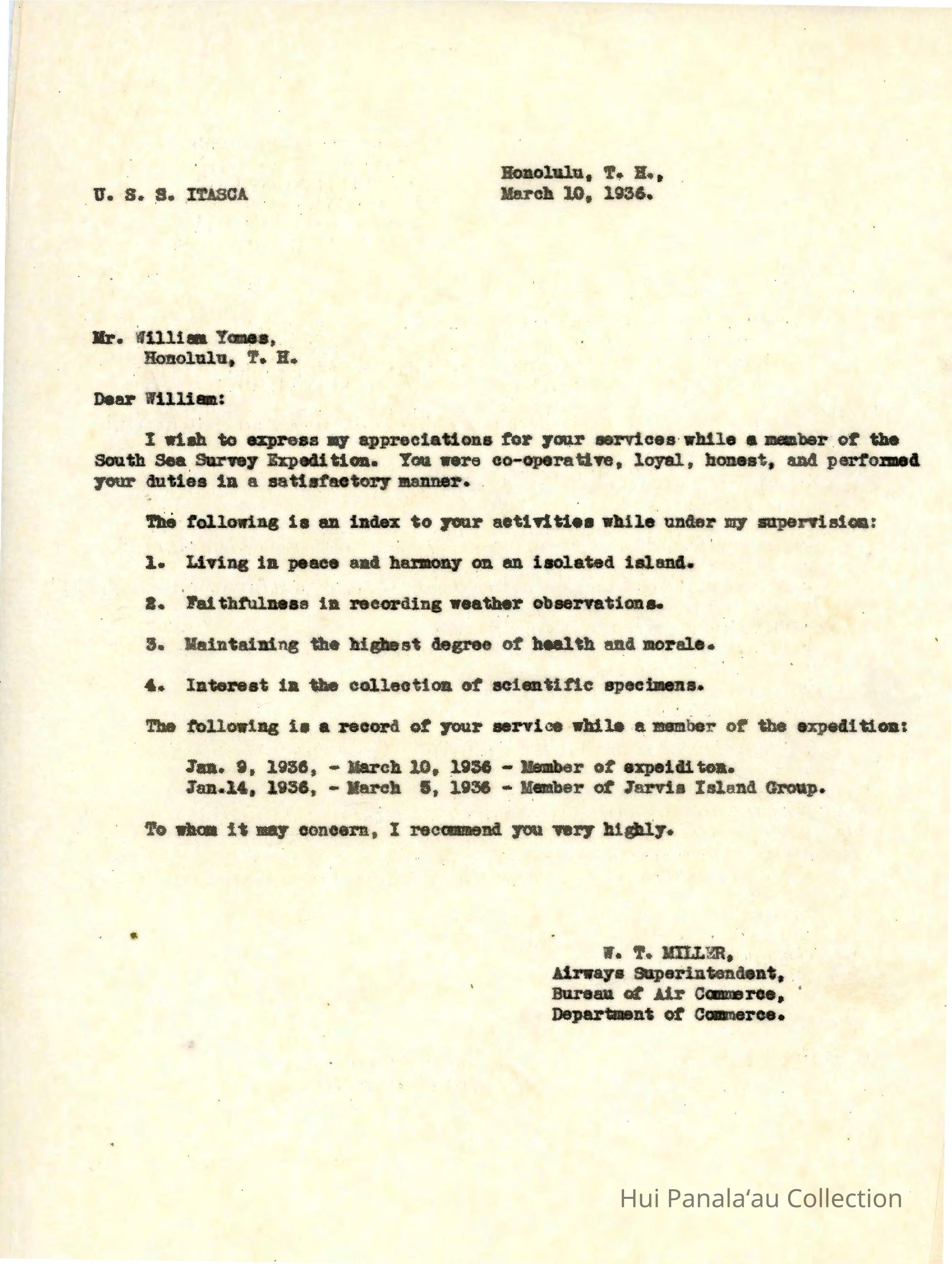 Letter from W.T. Miller to William Yomes