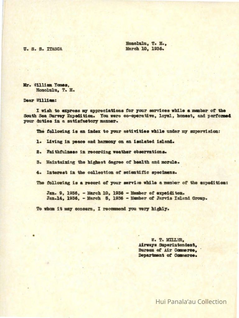 Letter from W.T. Miller to William Yomes