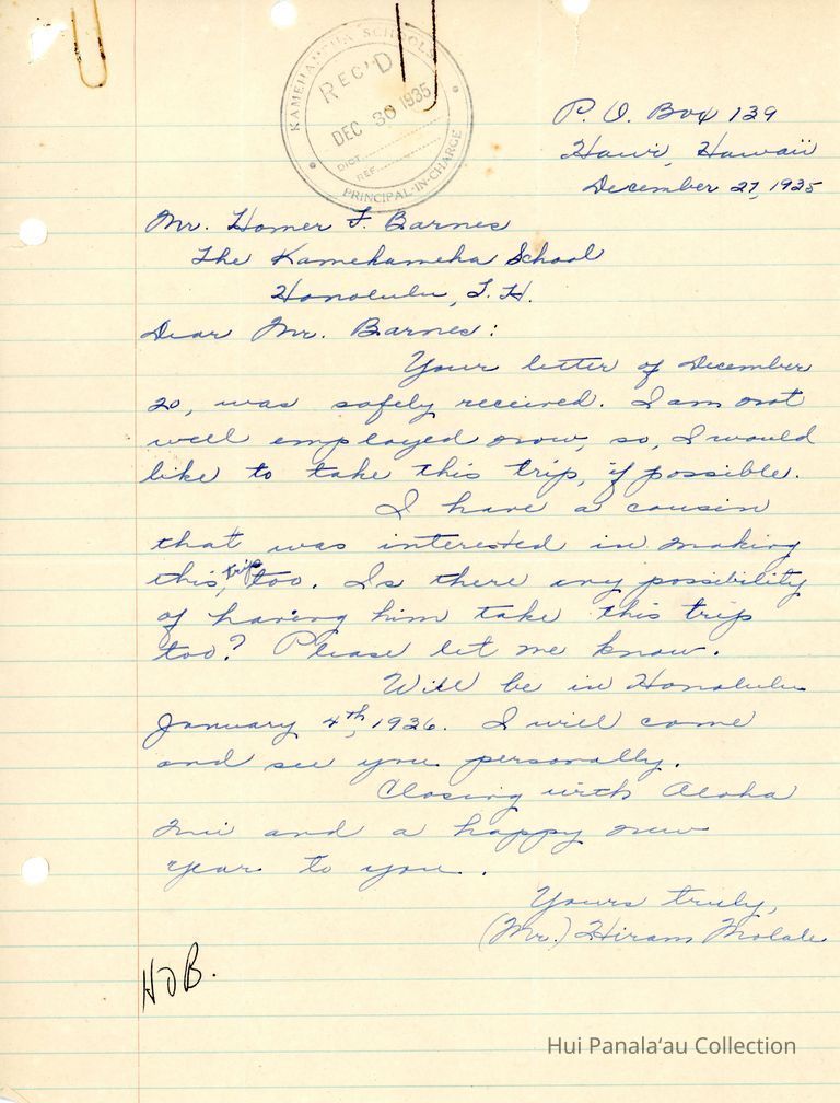 Letter from Hiram Molale to Homer F. Barnes