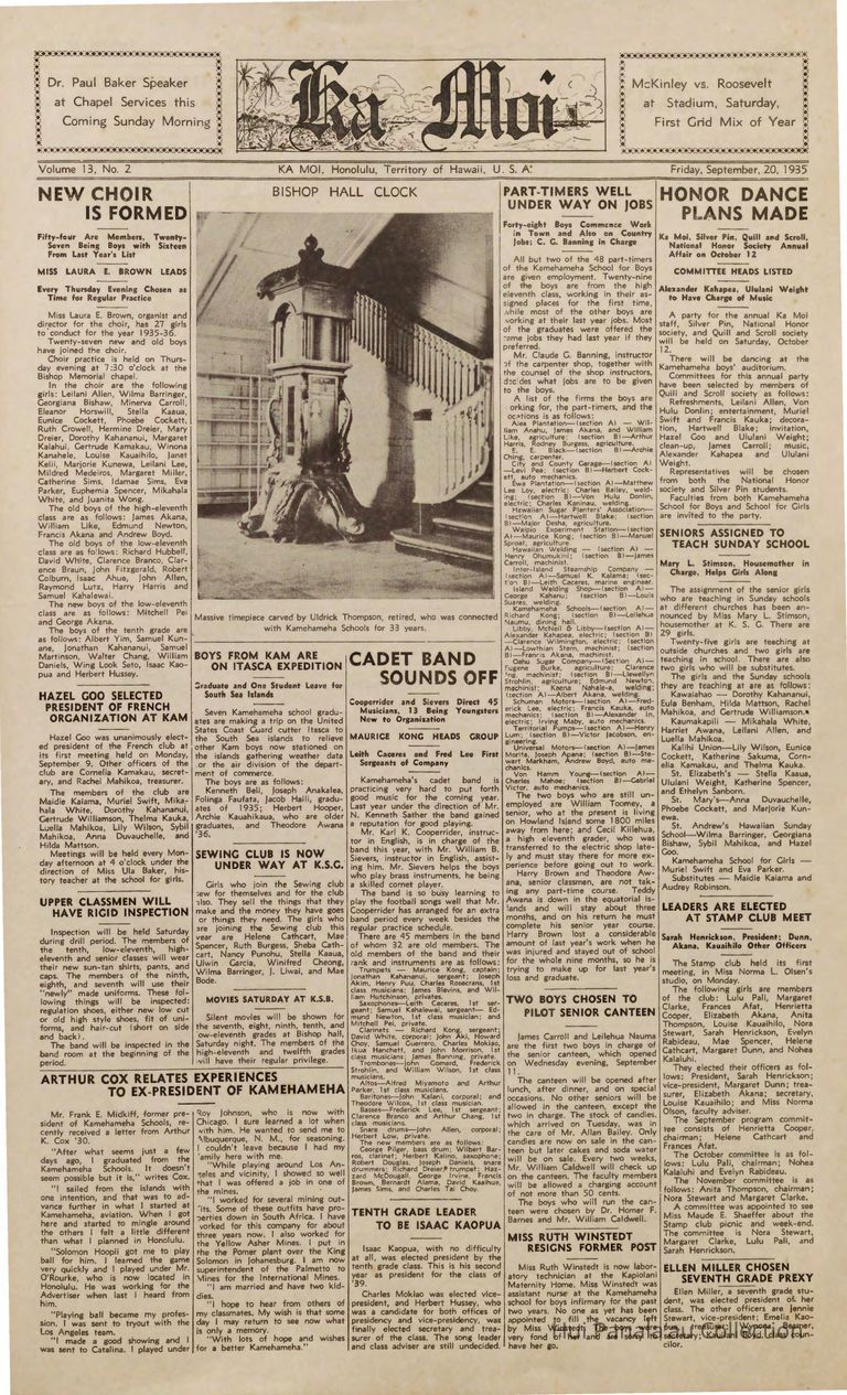 Boys from Kam are on Itasca expedition; Graduate and One Student leave for South Sea Islands