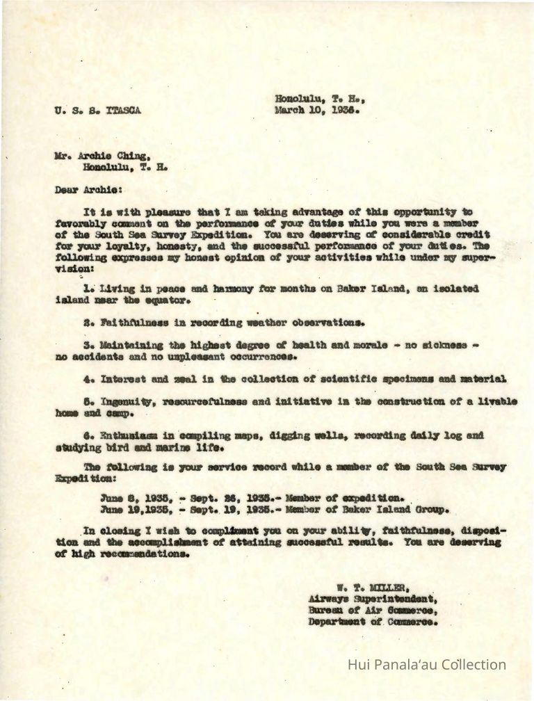 Letter from W.T. Miller to Archie Ching