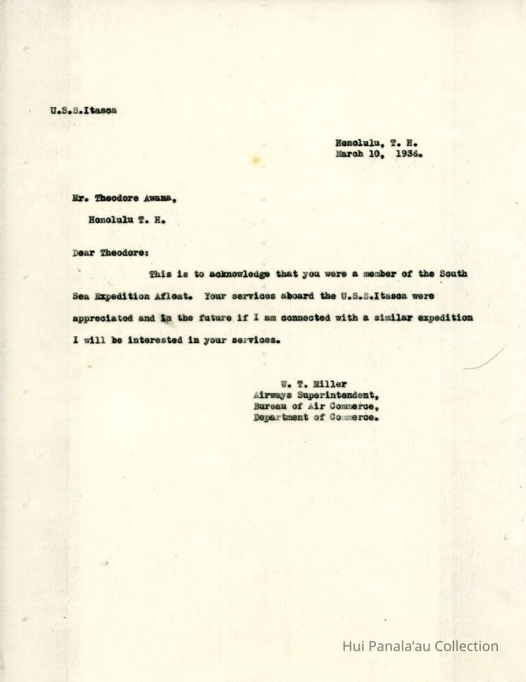 Letter from W.T. Miller to Theodore Awana picture number 1