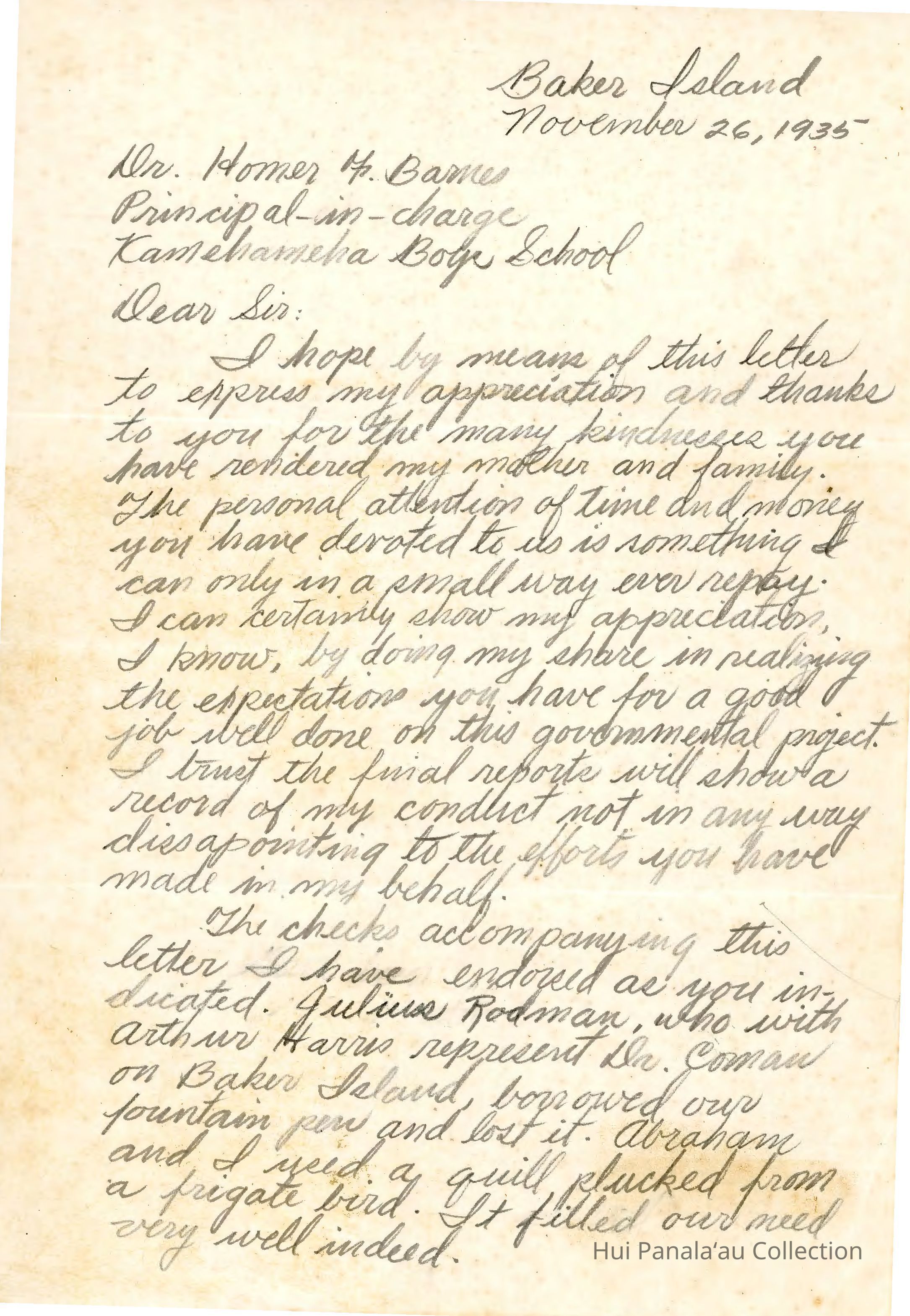Letter from William Kaina to Homer F. Barnes