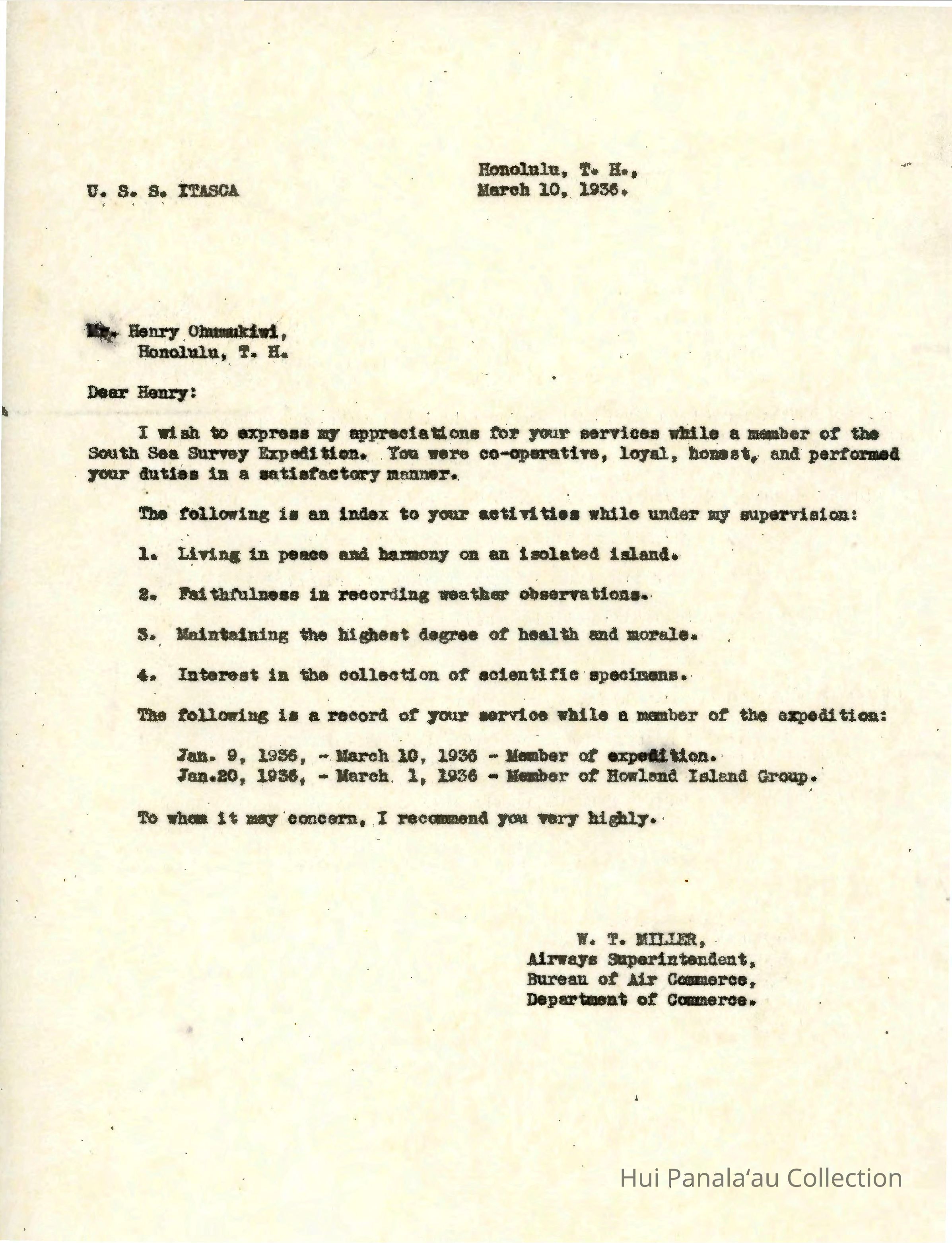 Letter from W.T. Miller to Henry Ohumukini