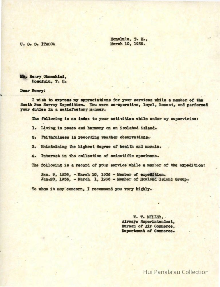 Letter from W.T. Miller to Henry Ohumukini