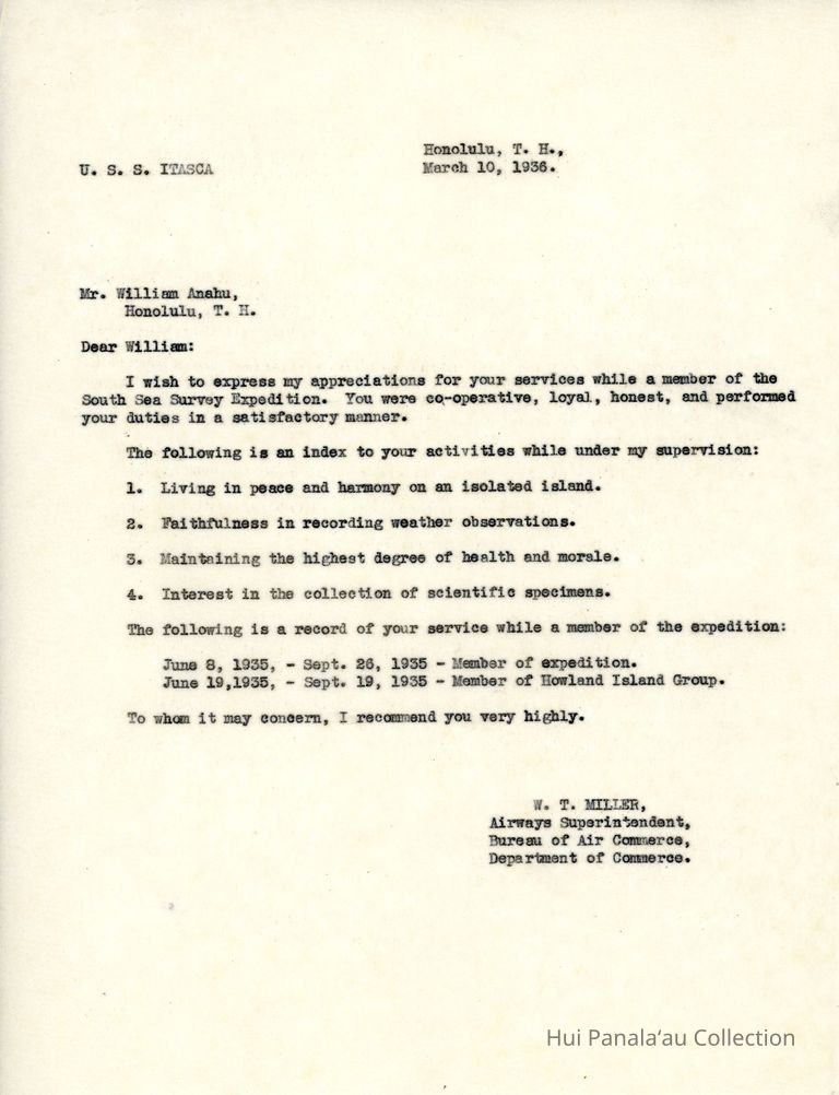 Letter from W.T. Miller to William Anahu picture number 1