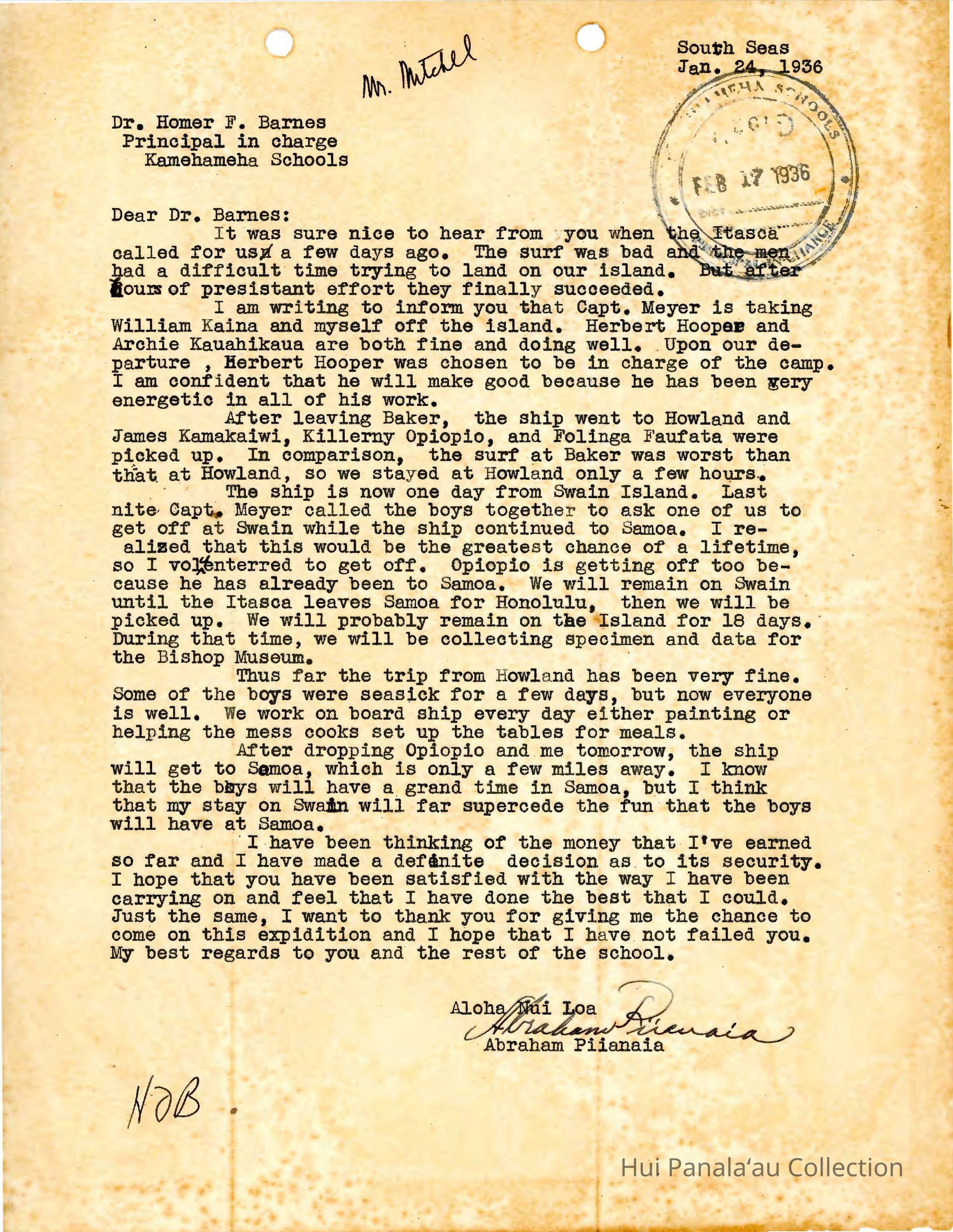 Letter from Abraham Piianaia to Homer F. Barnes