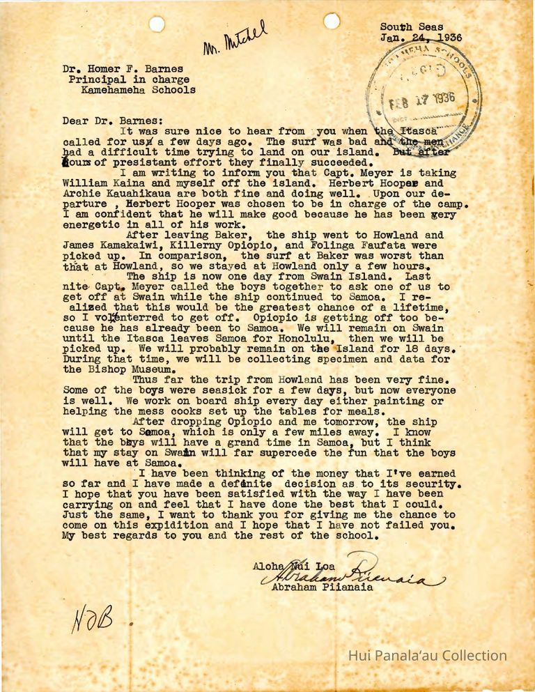 Letter from Abraham Piianaia to Homer F. Barnes