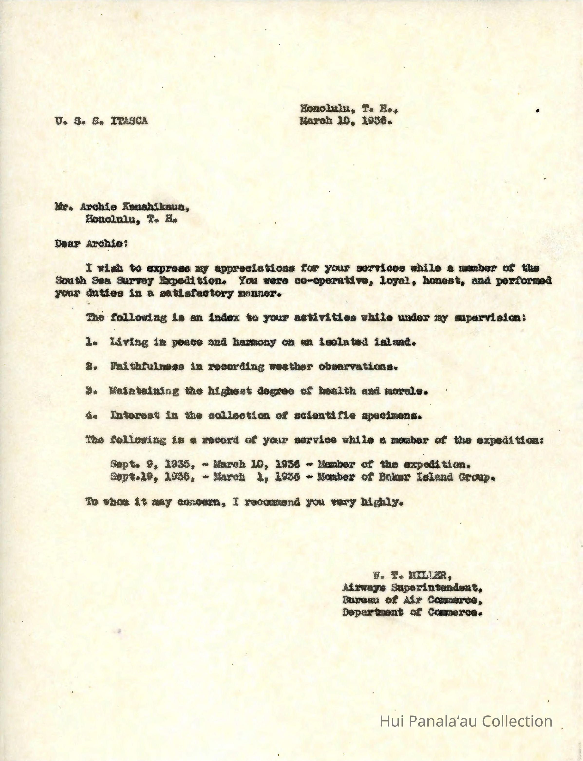 Letter from W.T. Miller to Archie Kauahikaua