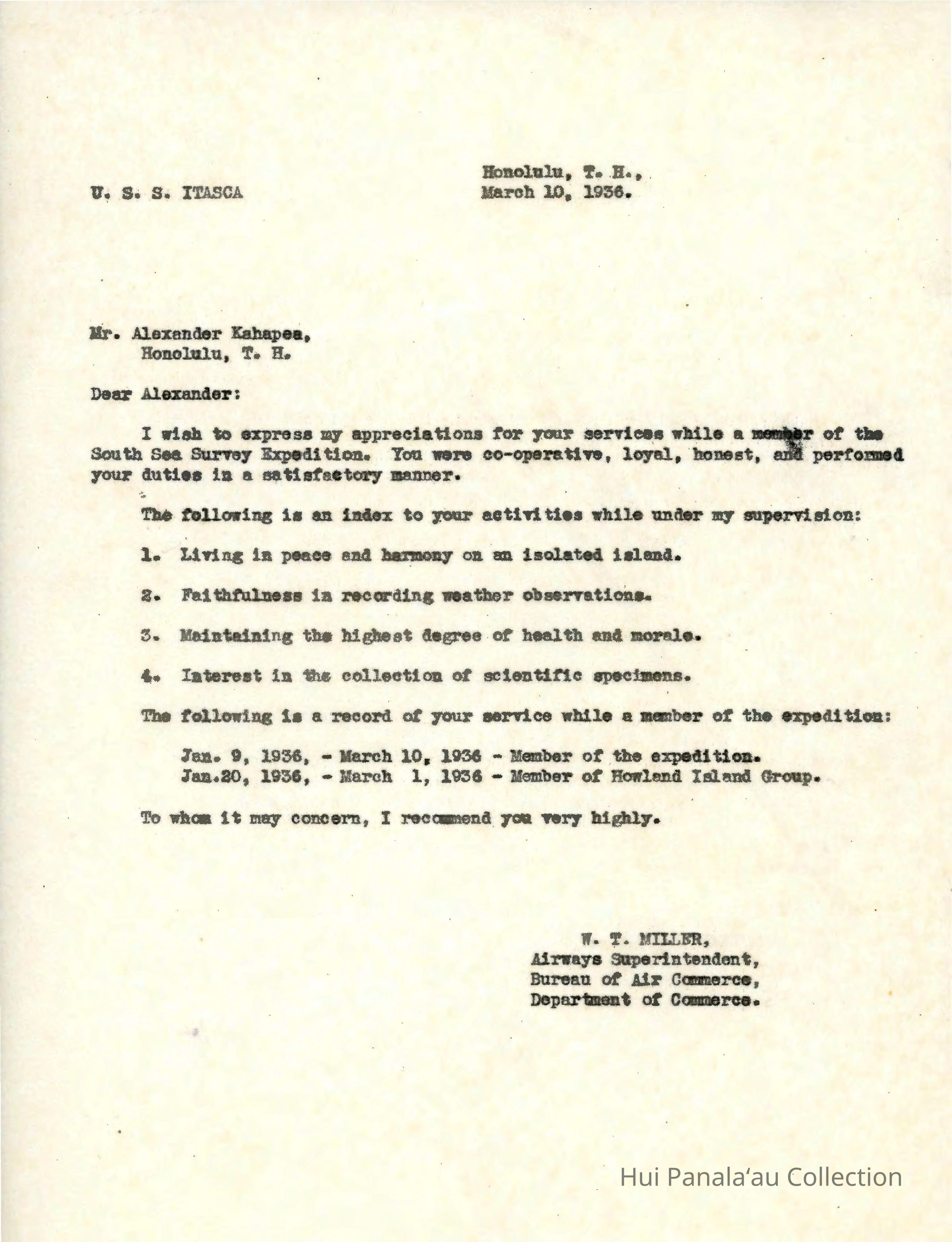 Letter from W.T. Miller to Alexander Kahapea