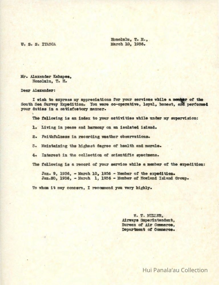 Letter from W.T. Miller to Alexander Kahapea