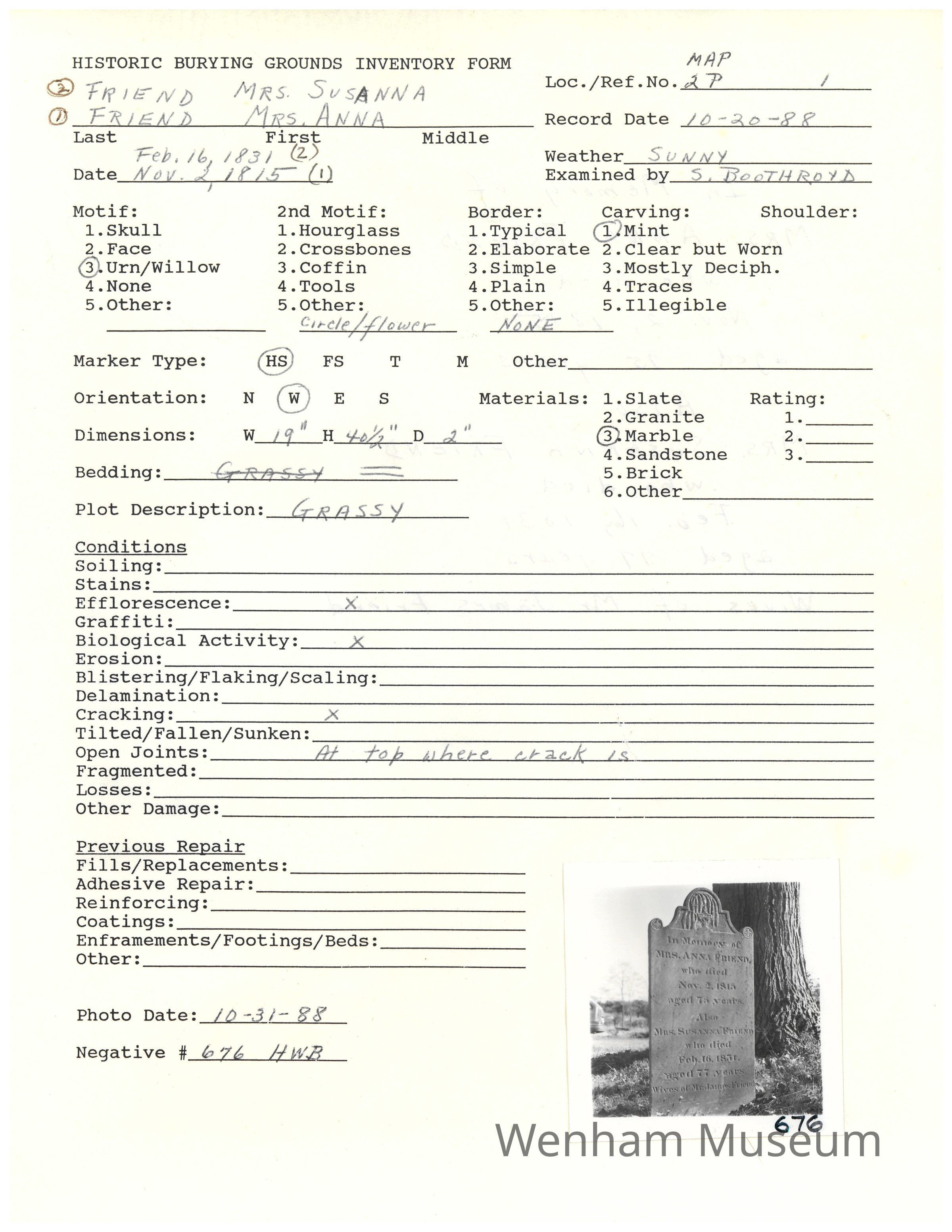          Anna Friend 1815 & Susanna 1851 Historic Burying Grounds Inventory Form picture number 1
   