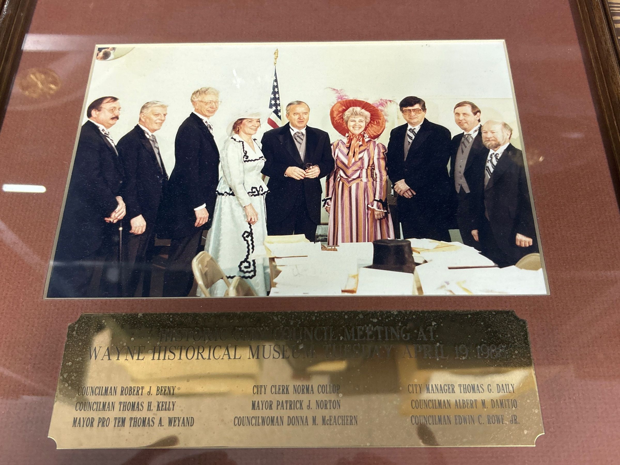 Historical city council meeting April 19, 1988: frame photograph 12x14 inches of mayor Patrick j Norton, mayor pro tem Thomas a Weyand , City manager Thomas G,Daily City Clerk Norma Collop and councilman Robert J .Beeny ,Thomas H. Kelly , Albert M,Damitto,Edwin C.Rowe Jr. and Councilwoman Donna M. Mceachern .
