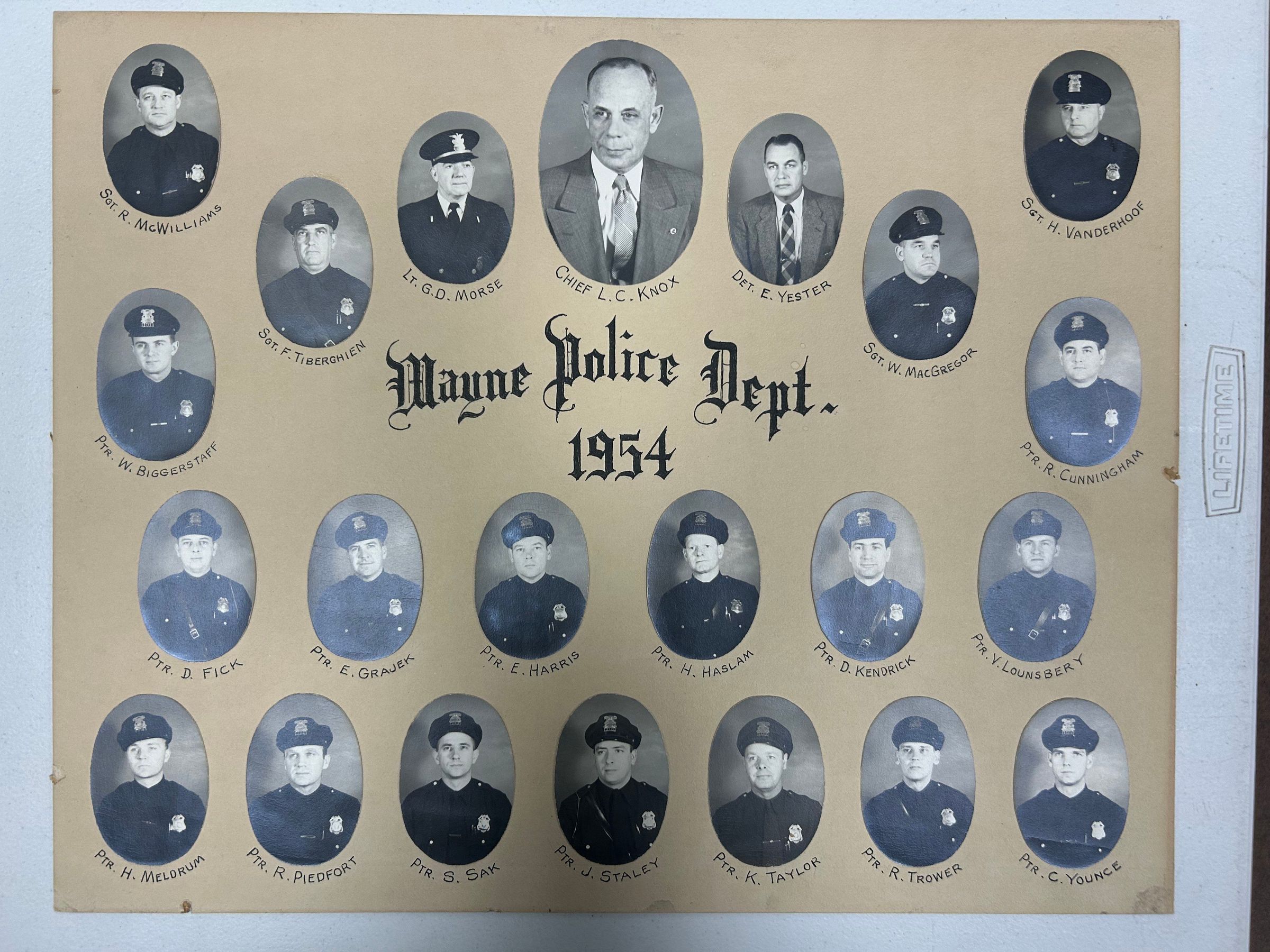 Left to right top row: Sgt R. McWilliams, Ptr. W. Biggerstaff, Sgt F. Tiberghien, Lt. G.D Morse, Chief L. C. Knox, Det. E. Yester, Sgt. W. Macgregor, Ptr R. Cunningham ,Sgt. H. Vanderhoof. Middle row: Ptr. D. Fick, Ptr. E. Grajek, Ptr. e. Harris, Ptr. H. Haslam, Ptr. D. Kendrick, Ptr. V. Lounsbery. Bottom row: Ptr H. Meldrum, Ptr. r. Piedfort, Ptr. S. Sak, Ptr J. Staley, Ptr K. Taylor, Ptr R. Trower, Ptr C. Younce.