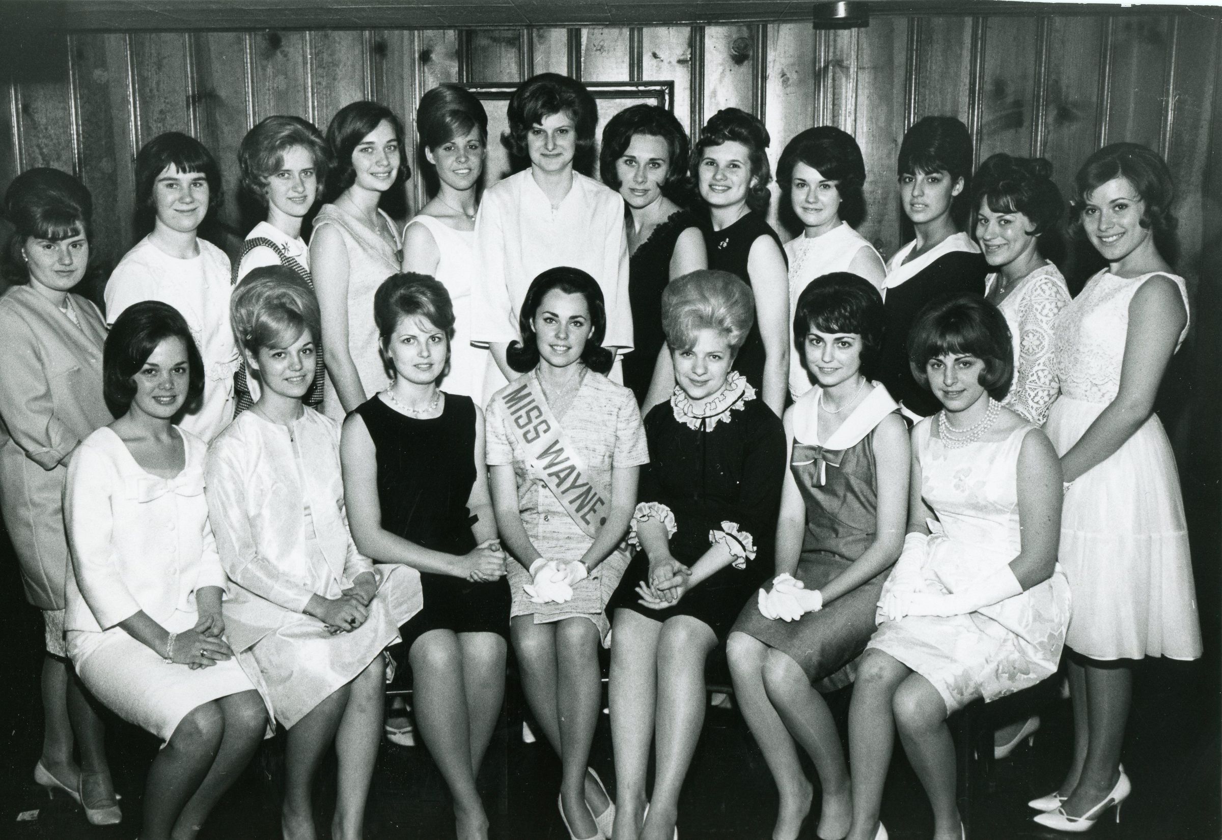 Choosing Winner that night, Wednesday June 2, 1965. Candidates for Miss Wayne. Back Row: Sue Kaze, Robbi Ruth, Vicki Wade, Roberta Jo Barrett, Mary Schaffstall, Beverly Moers, Ilona Cekauskas, Sharon Bryan, Beverly Boner, Mimi Sarason, Alliene Willsey, Pat Fields. Front Row: Ruth Street, Deborah Wilcock, Sherry Creek, Gayle Chancey, Miss Wayne 1964 Lois Russell, Carol Rowland, Suzanne Jamieson.