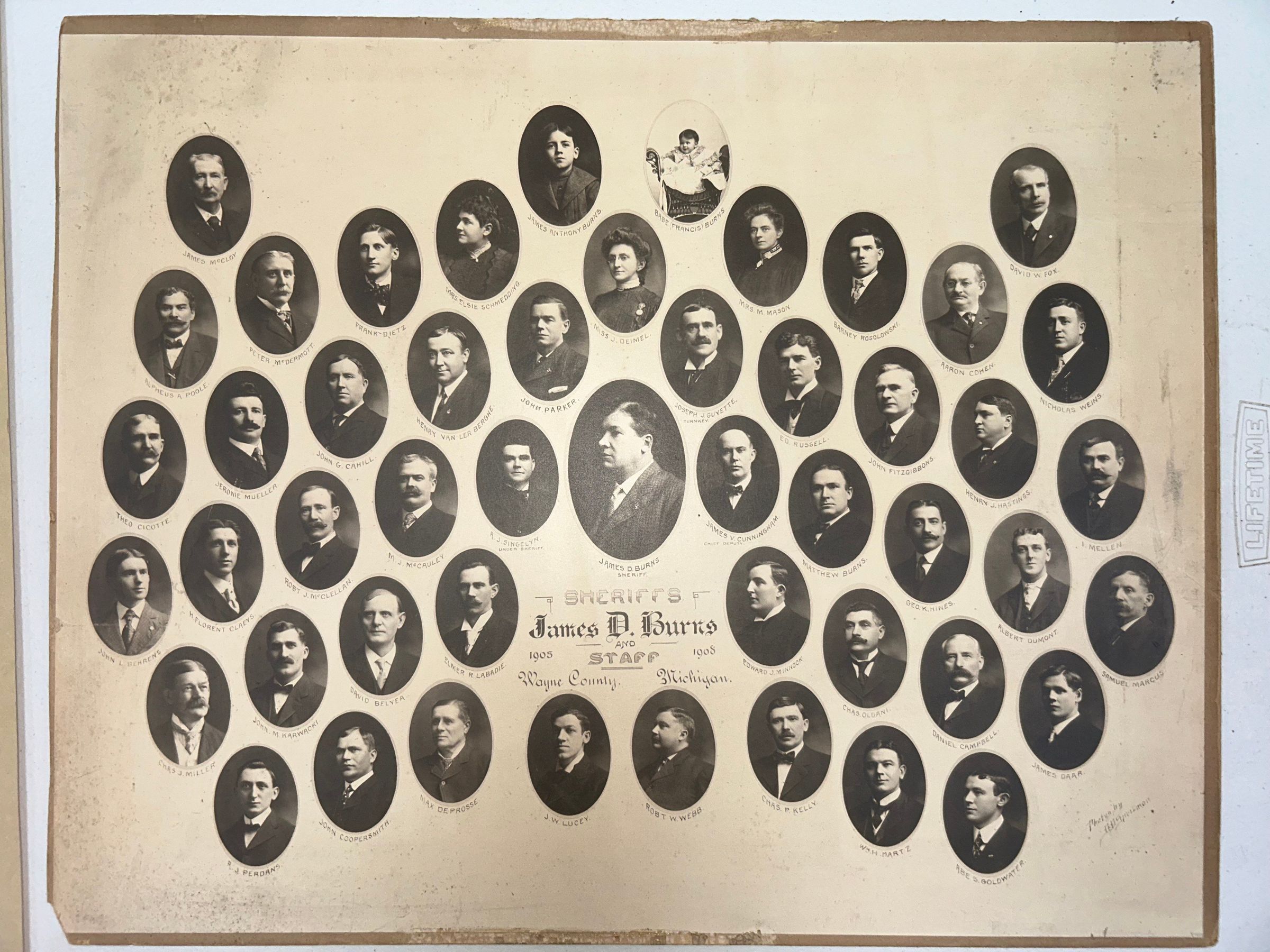 Left to right top row: James McCloy, Alpheus A. Poole, Peter McDermott, Frank Dietz, Mrs.Elsie Schmedding, James Anothny Burns, Babe (Francis) Burns, Mrs. M. Mason, Barney Rosolowski, Aaron Cohen, David W. Fox, Nicholas Weins. Middle row: Theo Ciotte, Jerome Mueller, John G. Cahill, Henry Van Ler Berghe, John Parker, Miss J. Deimel, Joseph J. Guvette, Ed. Russell, John Fitzgibbons, Henry J. Hastings, I. Mellen, John L. Behrens, H. Florent Claeys, Robt J. McClellan, M. J. McCauley, A. J. Singelyn (Under Sheriff), James D. Burns (Sheriff), James V. Cunningham (Cheif Deputy), Matthew Burns, Geo. K. Hines, Albert Dumot, Samuel Marcus, Chas J. Miller, John M. Karwacki, David Belyea, Elmer R. Labadie, Edward J. Minnock, Chas.Oldani, Daniel Campbell, James Daar. Bottom row: A. J. Perdans, John Coopersmith, Max Deprosse, J. W. Lucey, Robt W.Webb, Chas. P. Kelly, Wmh, Martz, Abe S. Goldwater.