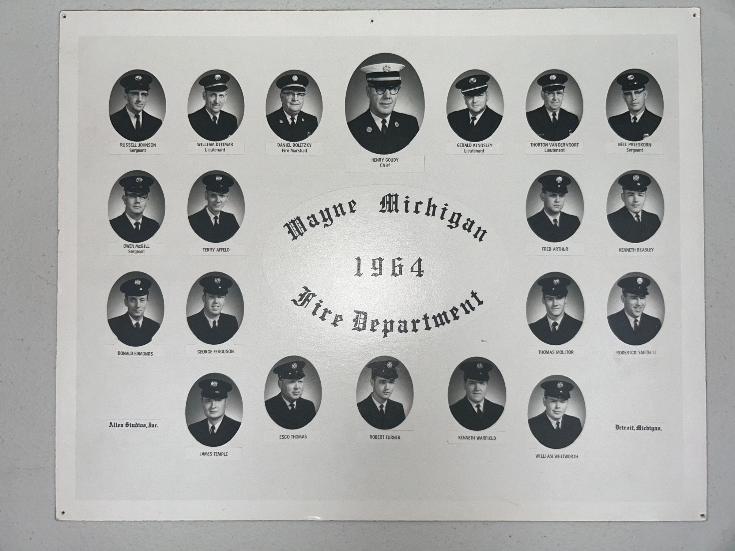 Left to right top row:Russell Johnson(sergeant), William Dittmar(Lieutenant), Daniel Doletzky(Fire Marshall), Henry Goudy(Chief), Gerald Kingsley(Lieutenant), Thorton Van Der Voort(Lieutenant), Neil Prieskorn(Sergent). Middle row:Owen McGill(Sergent), Terry Affeld, Fred Arthur, Kenneth Beasley, Donald Edmonds, Geogre Ferguson, Thomas Molitor, Roderick Smith ll. Bottom row: James Temple, Esco Thomas, Robert Turner, Kenneth Warfield, William Whitworth
