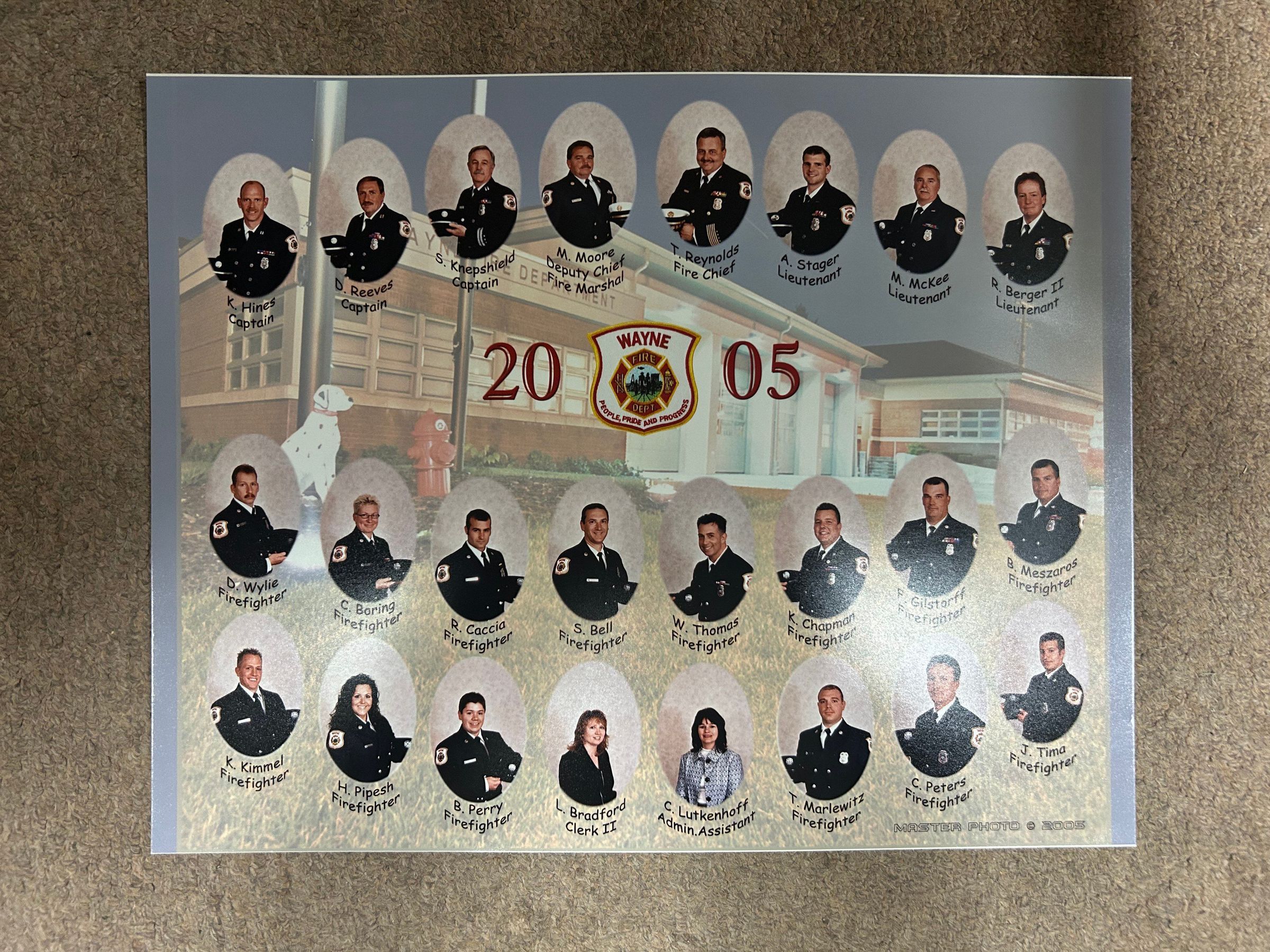 Left to right top row: K. Hines (Captain), D. Reeves (Captain), S. Knepshield (Captain), M. Moore (Deputy Chief Fire Marshal), T. Reynolds (Fire Chief), A. Stager (Lieutenant), M. Mckee (Lieutenant), R. Berger ll (Lieutenant). Middle row: D. Wylie (Firefighter), C. Boring (Firefighter), R. Caccia (Firefighter), S. Bell (Firefighter), W. Thomas (Firefighter), K. Champion (Firefighter), F. Gilstorff (Firefighter), B. Meszaros (Firefighter). Bottom row: K. Kimmel (Firefighter), H. Pipesh (Firefighter), B. Perry (firefighter), L. Bradford (Clerk ll), C. Lutkenhoff (Admin.Assistant), T. Marlewitz (Firefighter), C. Peters (Firefighter), J. Tima (Firefighter).