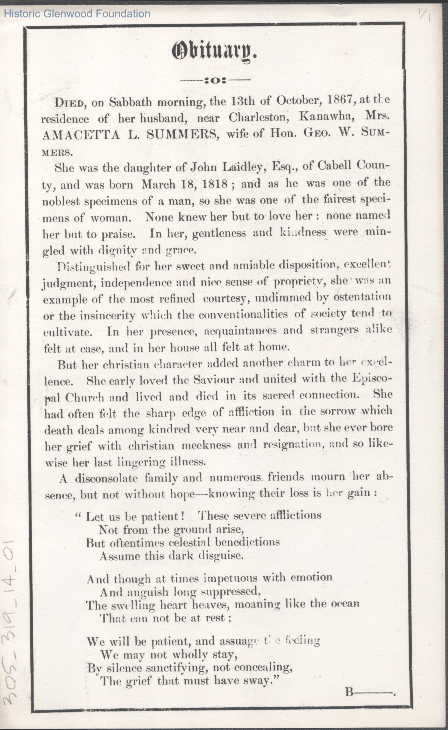 Amacetta Laidley Summers (1818-1867)