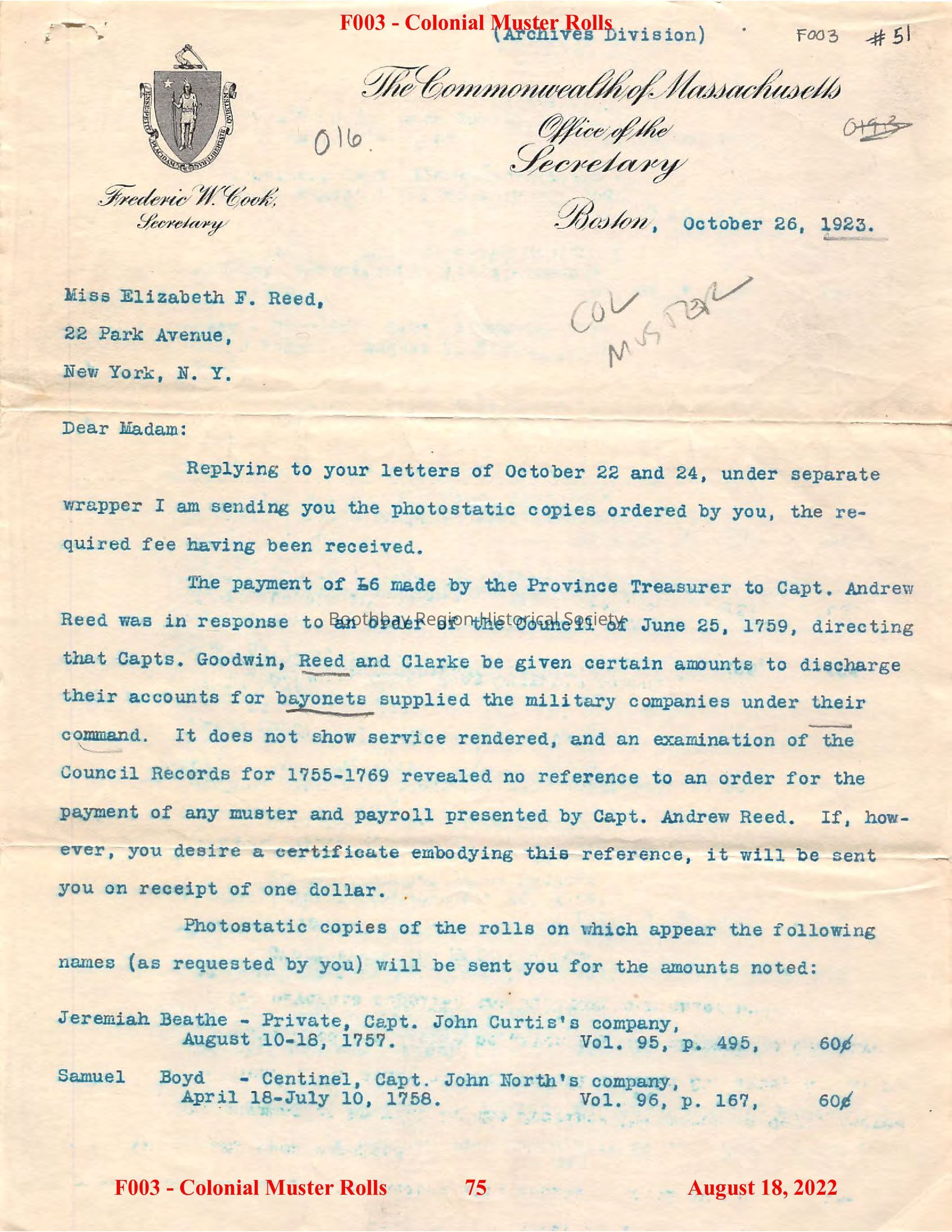 The image is a letter from the Commonwealth of Massachusetts, Office of the Secretary, dated October 26, 1923, addressed to Miss Elizabeth F. Reed in New York. It mentions photostatic copies being sent in response to her letters and discusses payments made by the Province Treasurer to Capt. Andrew Reed in 1759. The letter explains that the payments were for bayonets supplied by Captains Goodwin, Reed, and Clarke, but does not reflect service rendered.