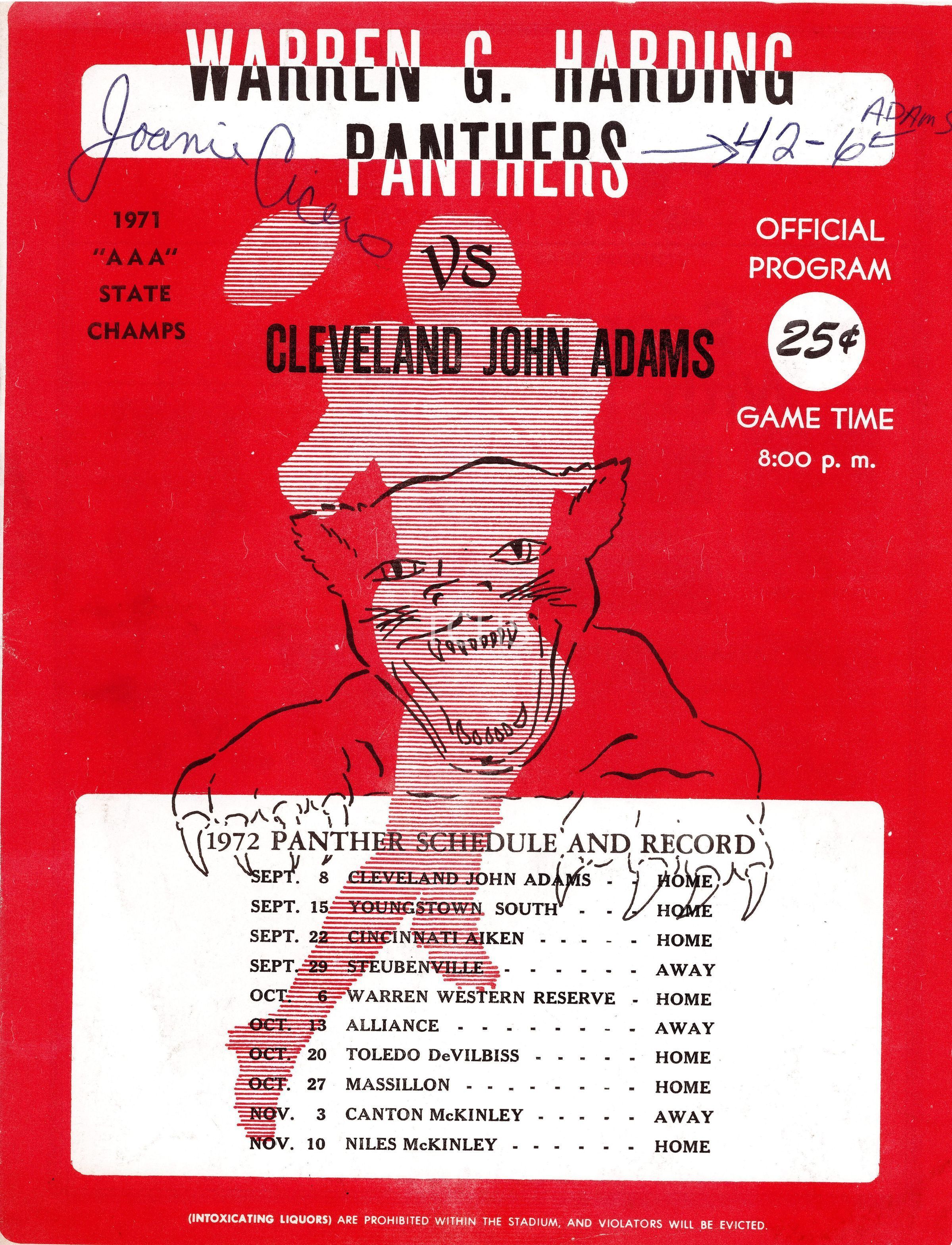 The image is a cover of an official 1972 program for a football game featuring the Warren G. Harding Panthers playing against Cleveland John Adams. The background is red, with a drawing of a panther and the text "Warren G. Harding Panthers" at the top. A handwritten score of "42-6" is noted. The program also lists the 1972 Panther schedule and record, featuring games from September 8th to November 10th against various teams.