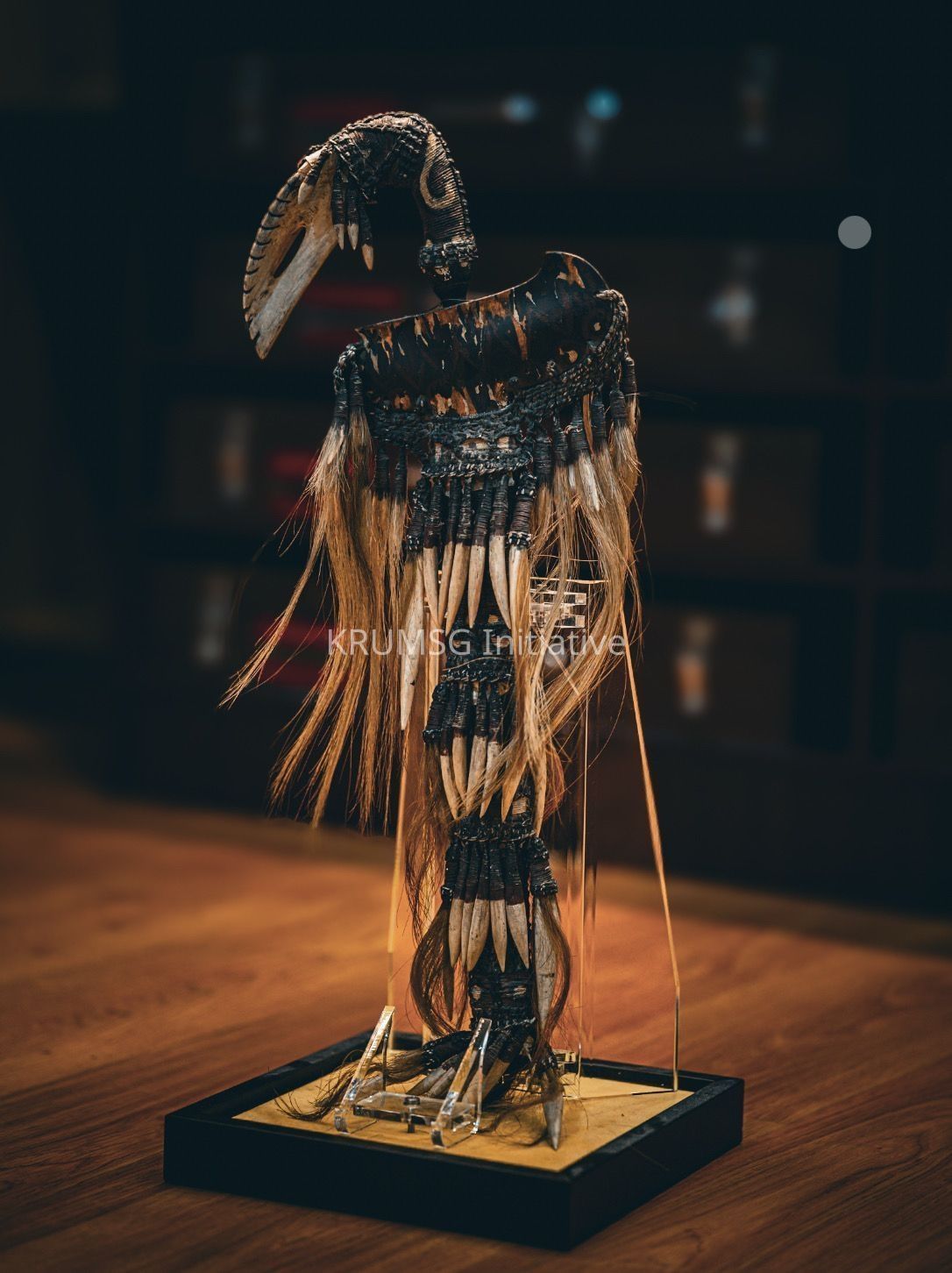 The image displays a striking and intricate sculpture resembling a bird, fashioned from a blend of natural and crafted materials, including long strands of hair, sharp white teeth-like protrusions, and a detailed, textured black surface. The bird-like figure stands upright on a wooden base, supported by transparent stands, all placed upon a smooth wooden floor, while the background features softly blurred shelves housing various items. This artwork, with its meticulous attention to detail and craftsmanship, evokes a sense of mystery and cultural significance, capturing