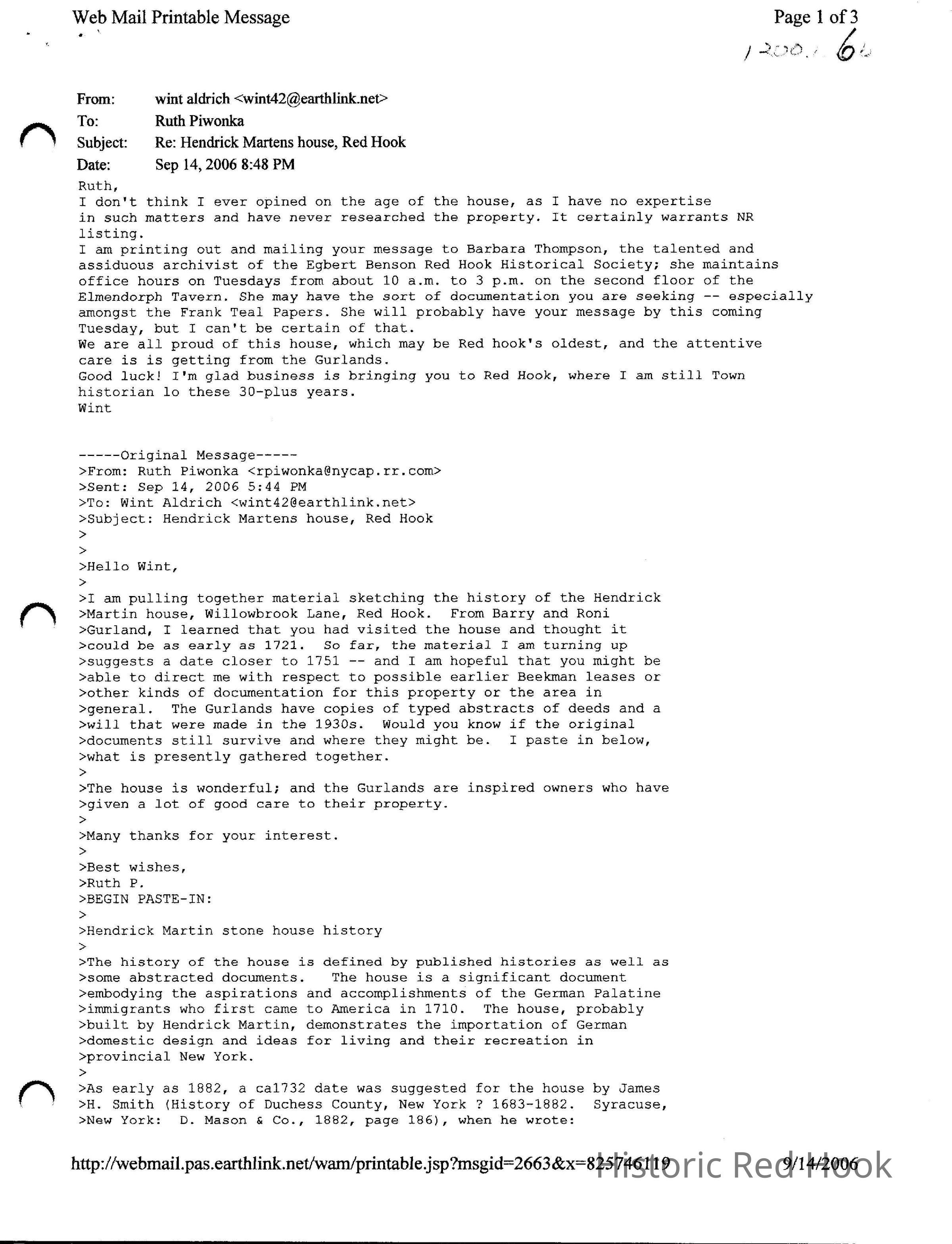 Letter from Winthop Aldrich to Ruth Piwonka September 14, 2006: Click for entire PDF