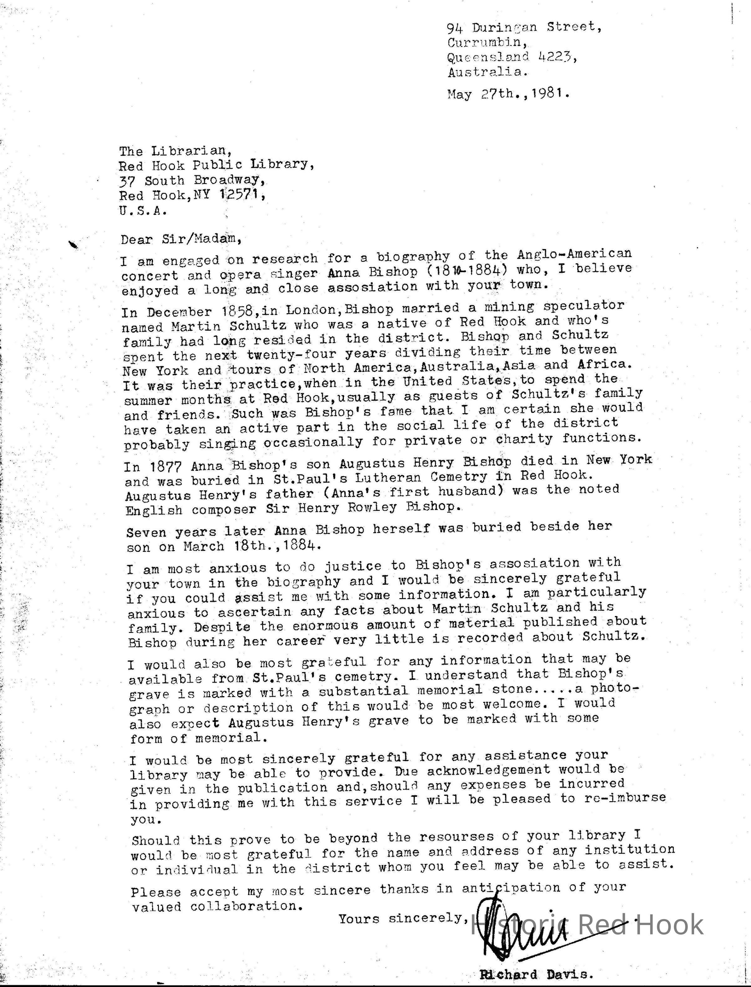Richard Davis Letter to the Red Hook Public Library 1981: Photo Copy