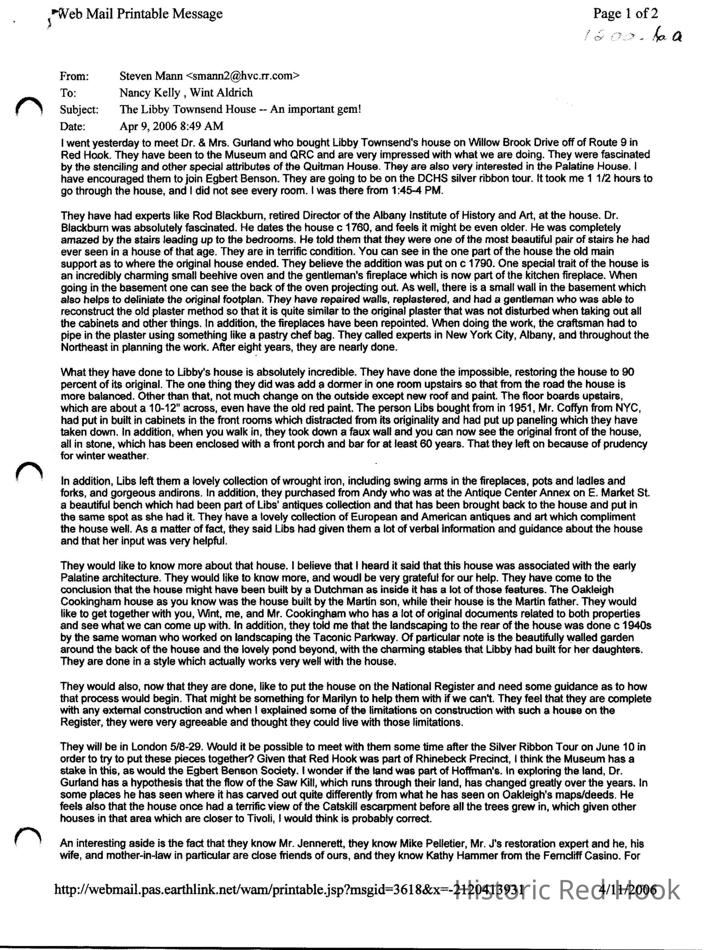 Libby Townsend House. Restoration Letter April 9, 2006: Click for entire PDF