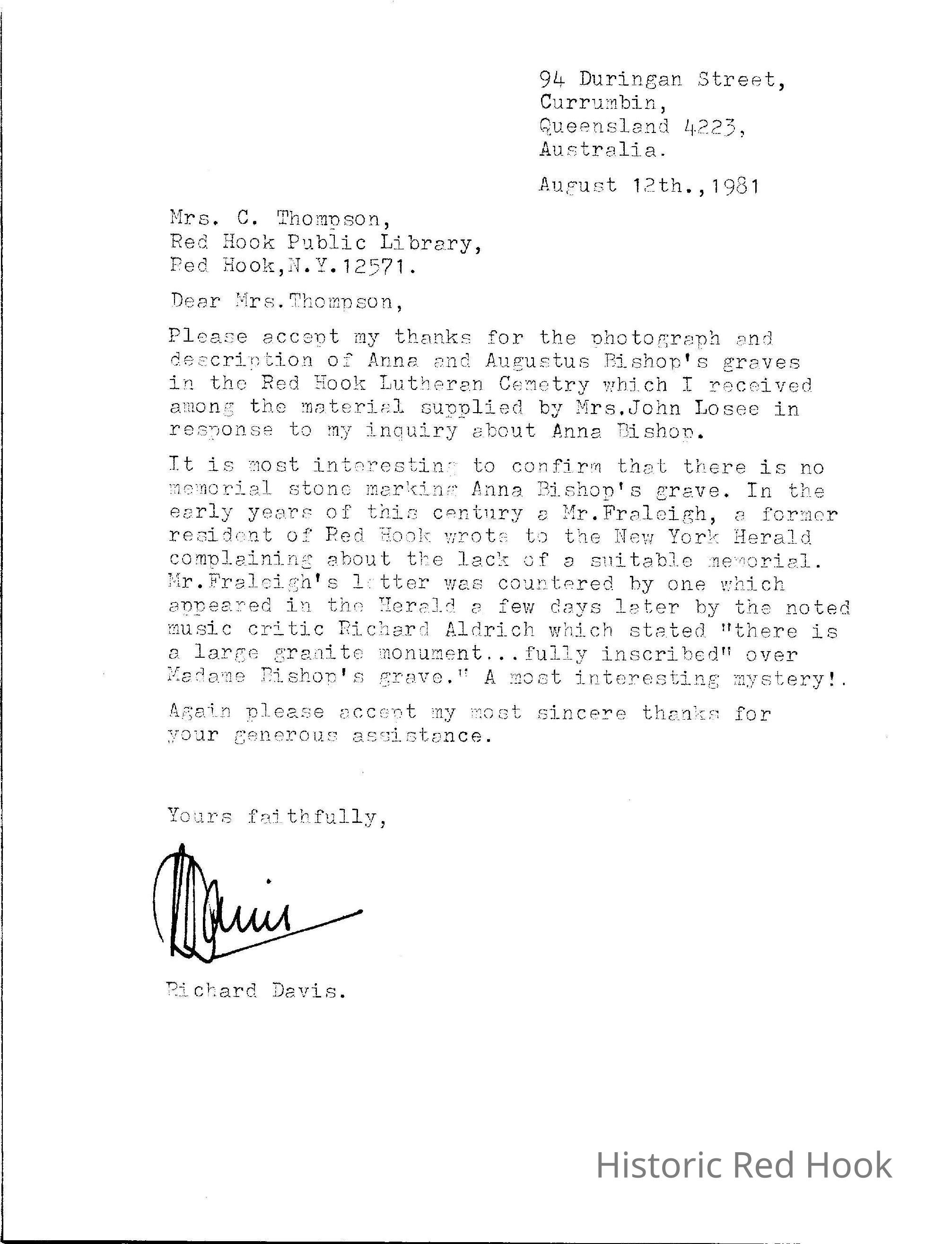 Letter from Richard Davis to  to Mrs. Thompson at RHPL