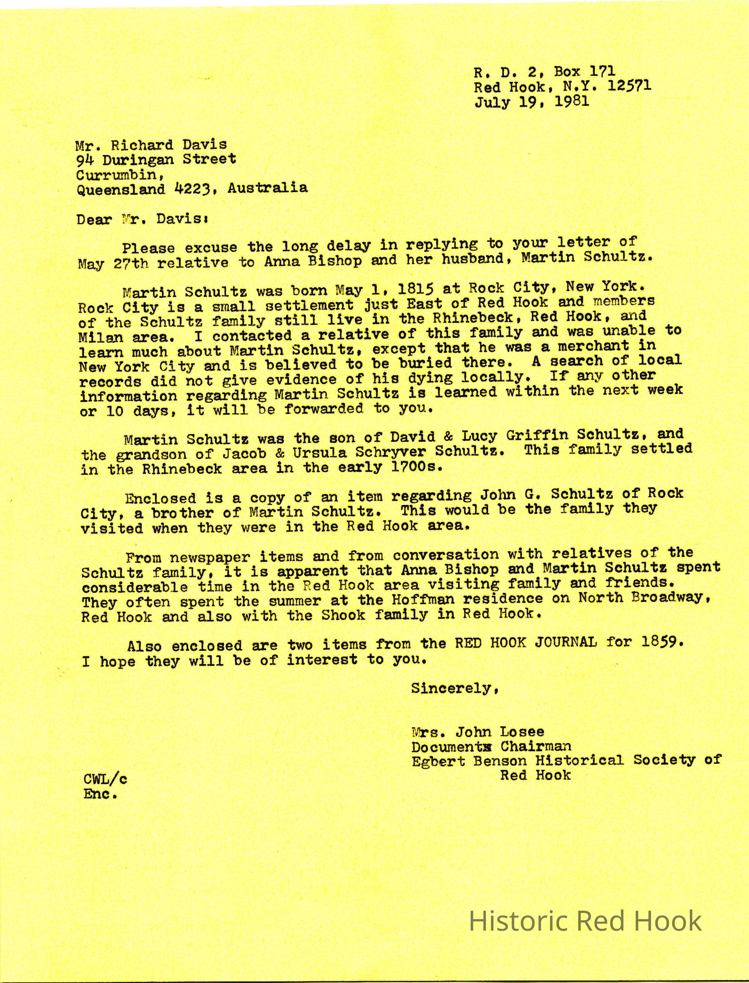 Response from Mrs. John Losee to Richard Davis