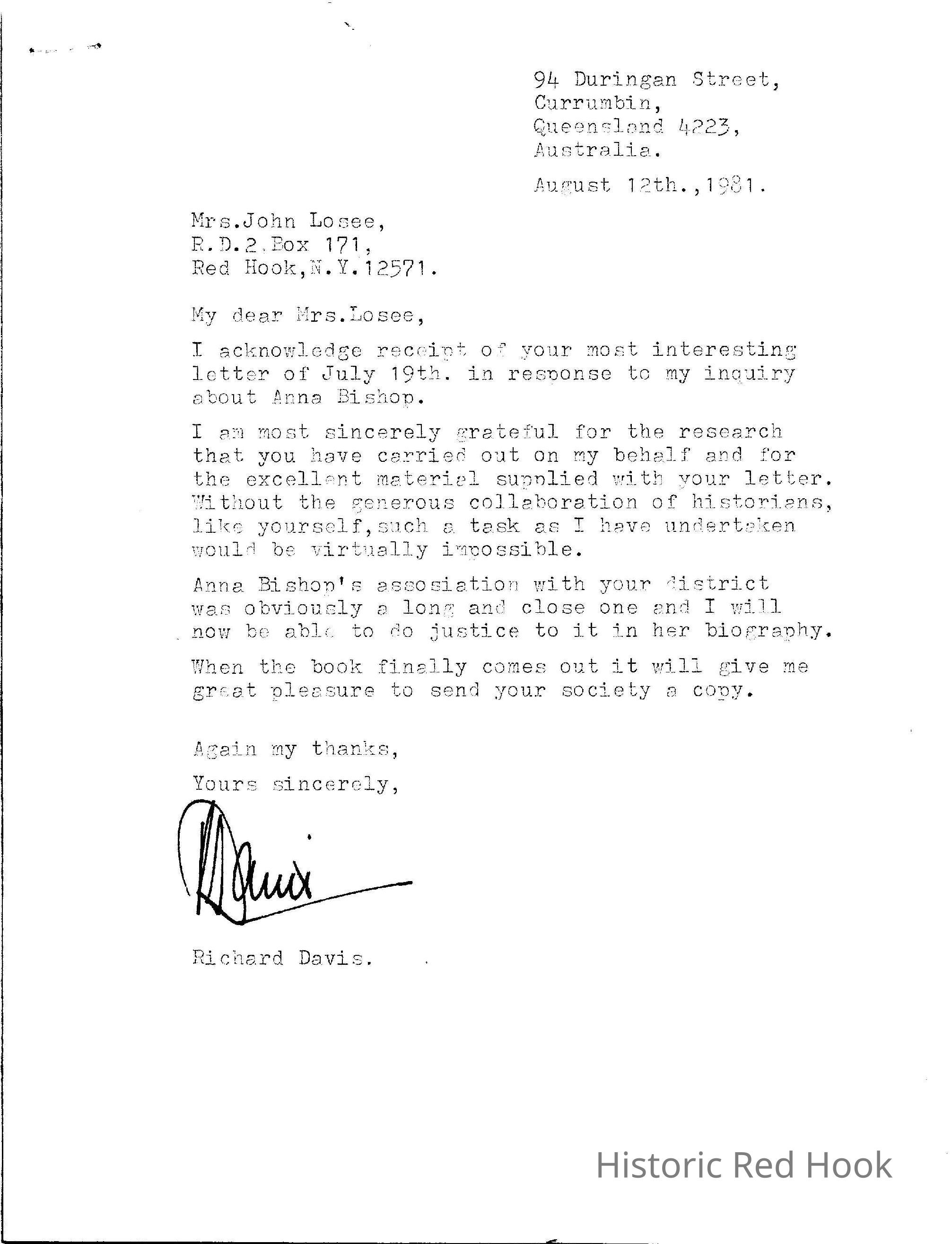 Letter from Richard Davis to Mrs. Losee