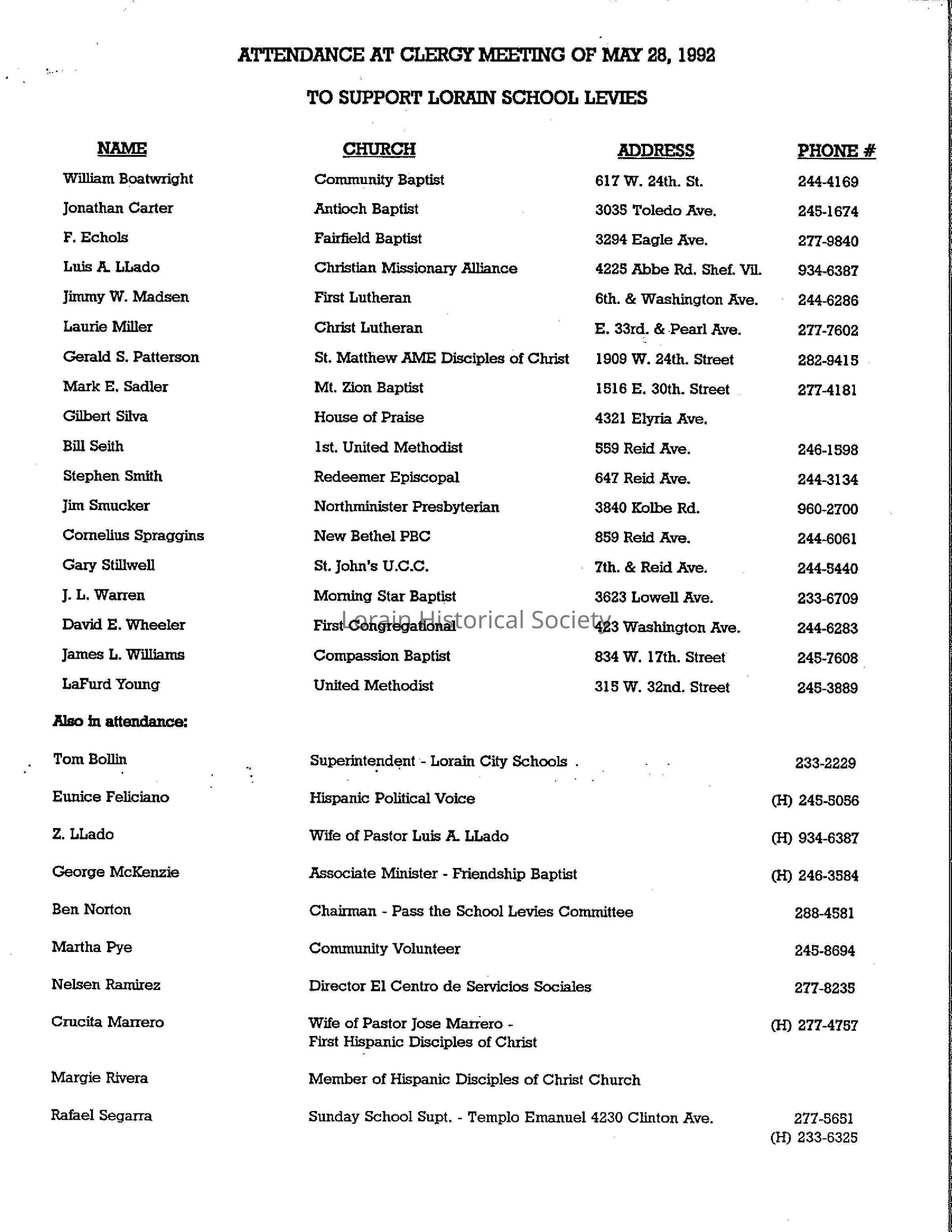 List of attendees at a meeting of Clergy held May 28, 1992 in support of school levies.