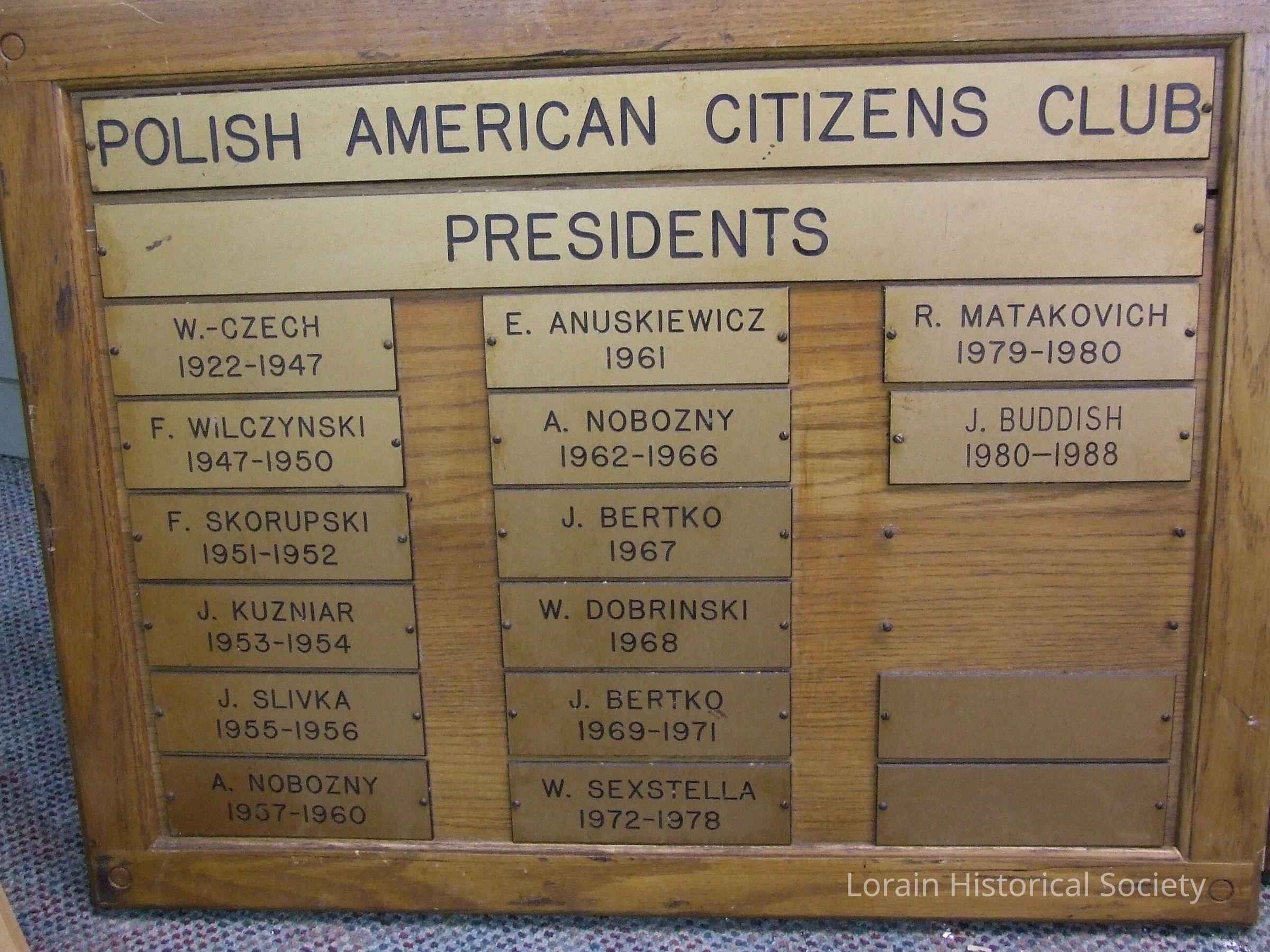 Polish American Club Presidents Names Plaque