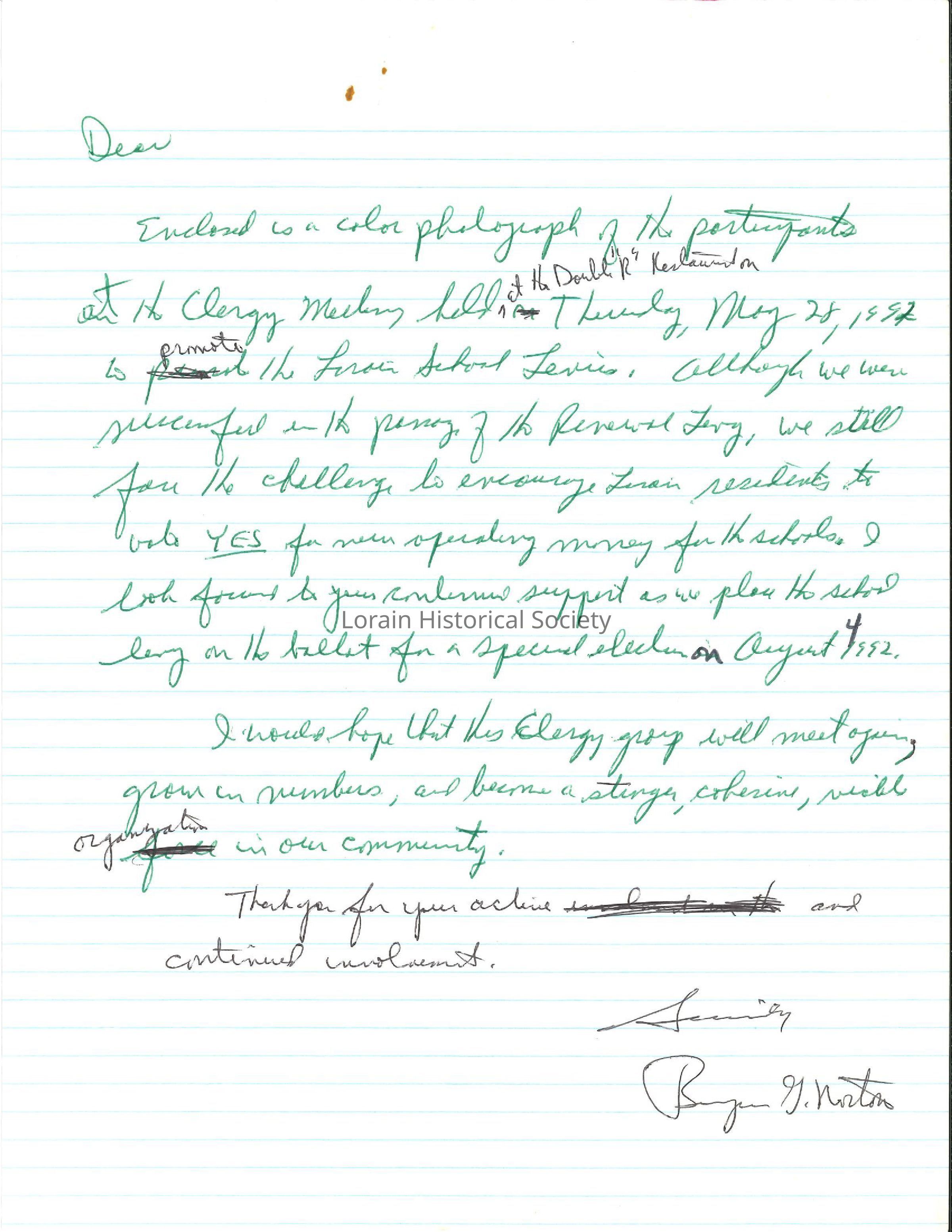 Draft of letter to attendees of Clergy meeting on May 28, 1992 in support of school levies