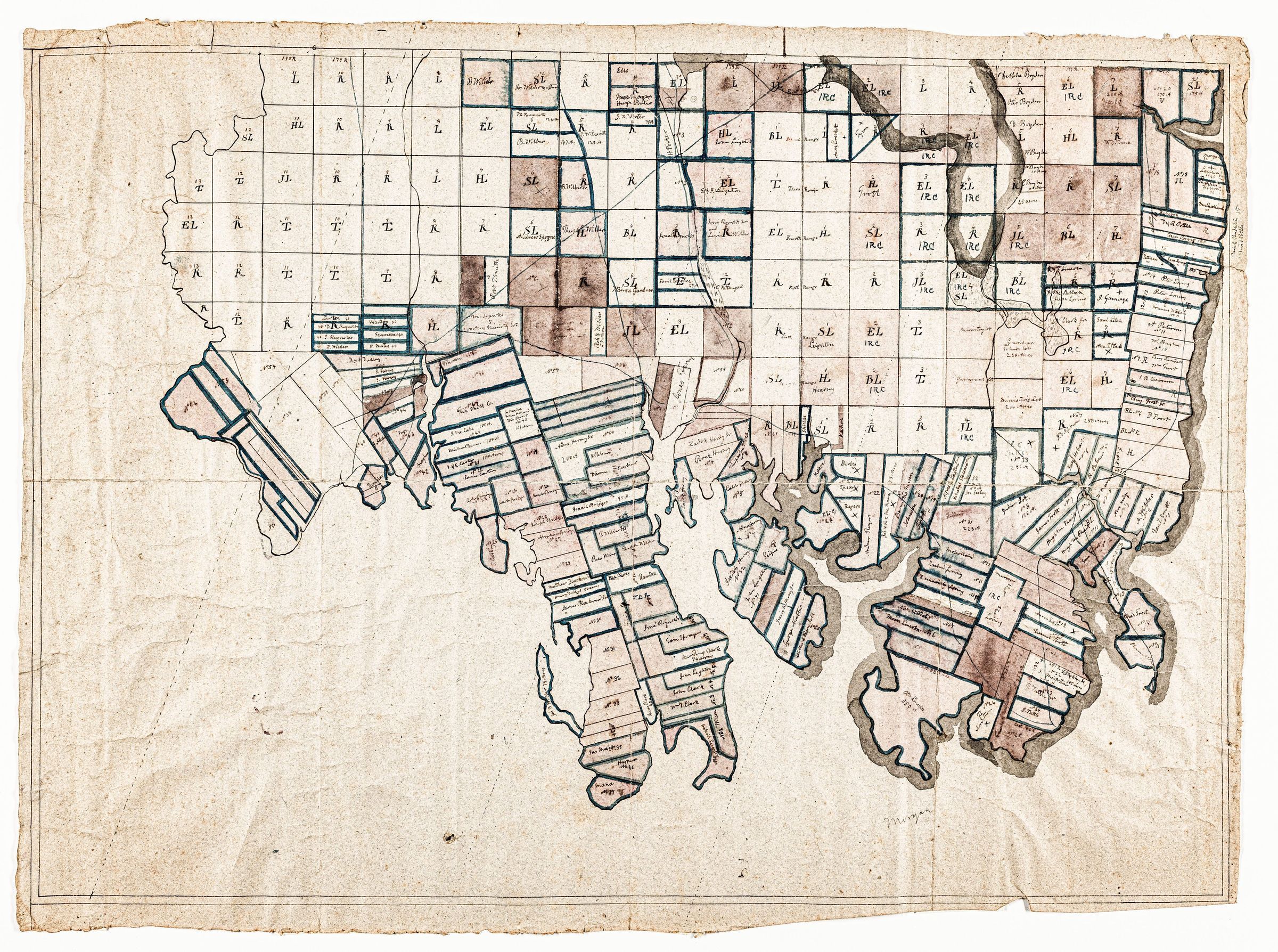 Lot Map of Townships 1 and 2, Eastern Maine, c. 1805; A hand drawn map of Townships No. 1 and 2, later Perry, Pembroke and Dennysville, Maine, showing the property lines and occupants/owners c. 1805.