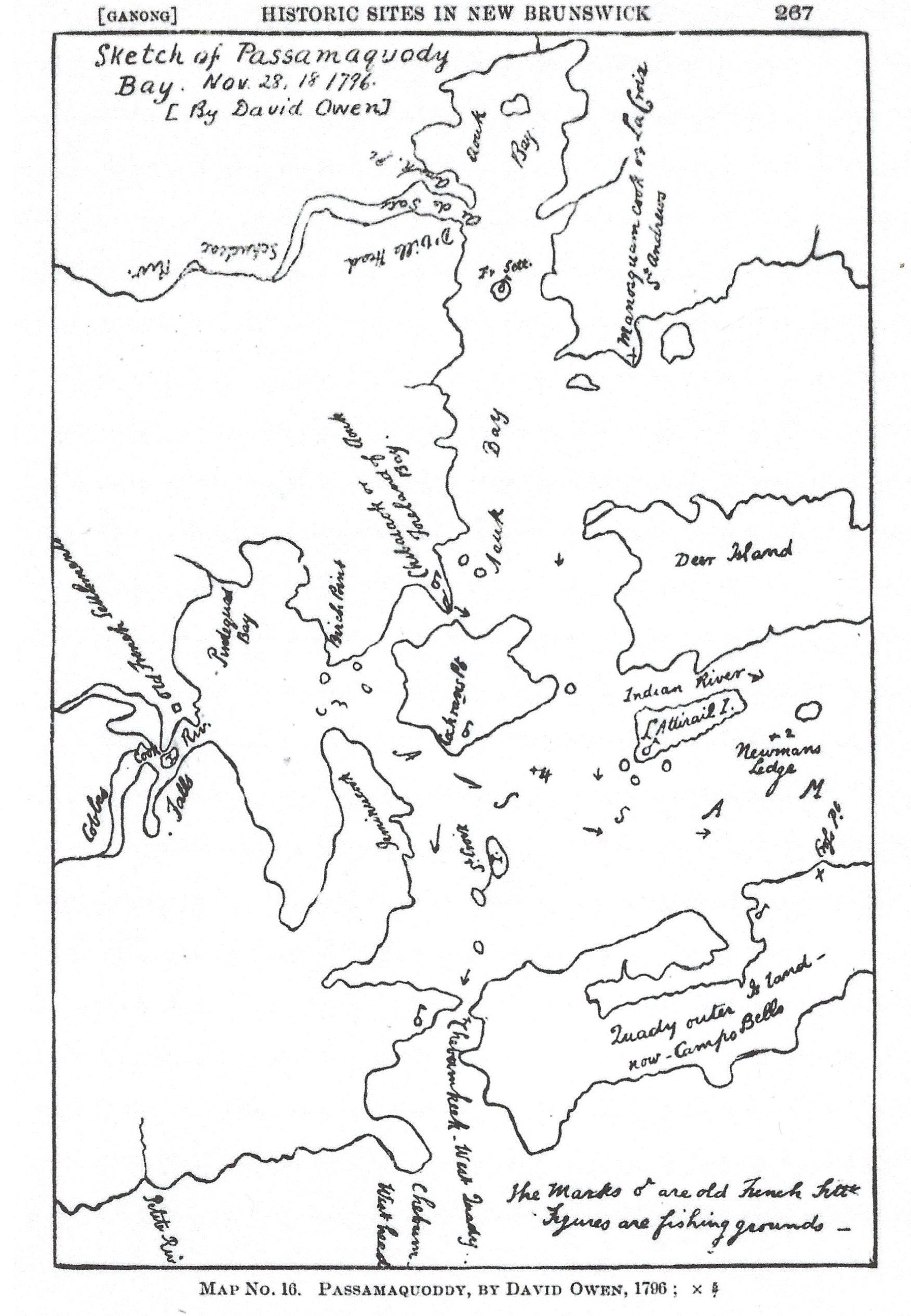 David Owen's sketch of Passamaquoddy Bay, 1796, with Old French Settlement at Cobscook Falls; View of Passamaquoddy and Cobscook Bays by David Owen, proprietor of Campobello Island, recording old French Settlement sites in and around the bay area, incorporating the French and Indian place names.