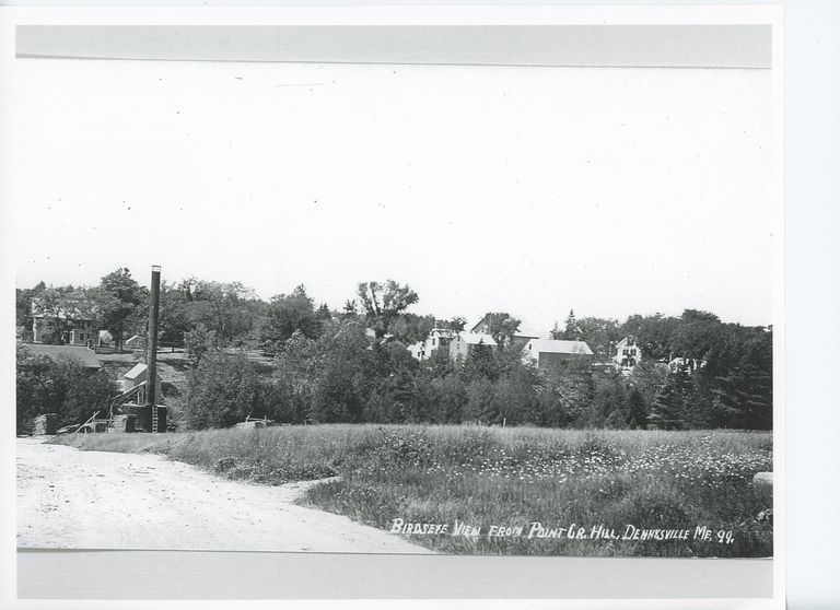          View of Dennysville from Lyons Hill Road in Edmunds.; The Dennys River Lumber Company Mill and waste burner are at the bottom of the hill with the mill manager's house on the hillside beyond.  the buildings on store Hill are visible on the right in this image from around 1910.
   